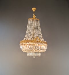Oval Antique Empire Revival Brass Crystal Chandelier Neoclassical Crystal Basket
