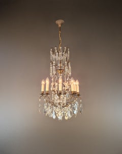 Antique French Gothic Revival Brass Crystal Chandelier Tall 9 Light