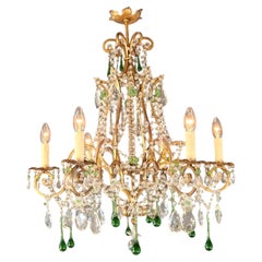 Italian Rococo Revival Crystal Chandelier with Emerald Green Drops 6 Lights