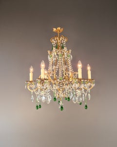 Italian Rococo Revival Crystal Chandelier with Emerald Green Drops 6 Lights