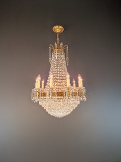 Antique French Empire Crystal Tent and Basket Chandelier Brass