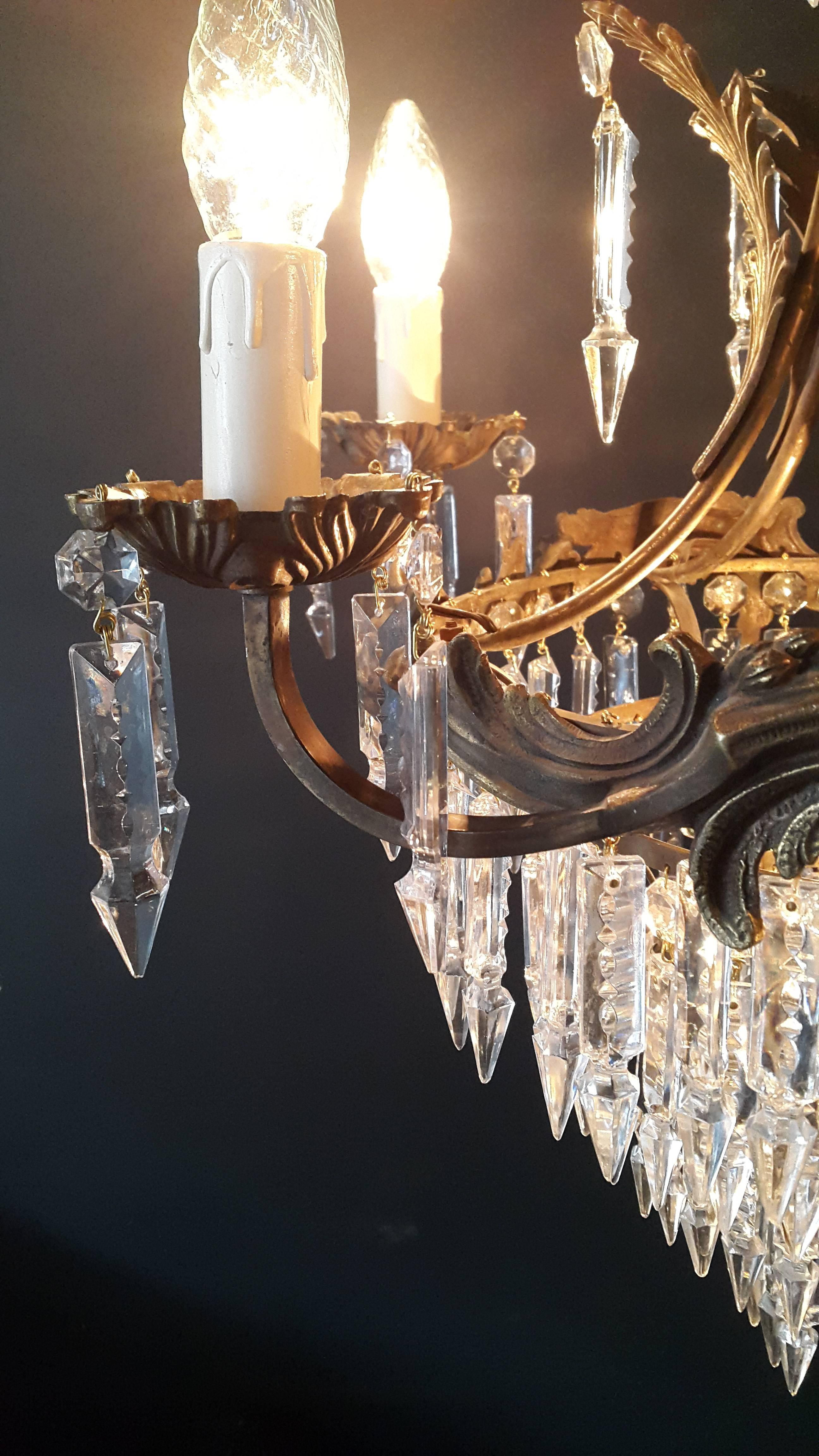 Empire Crystal Chandelier Old Ceiling Lamp Brass Lustre Lights, 1940s Lamp Antique