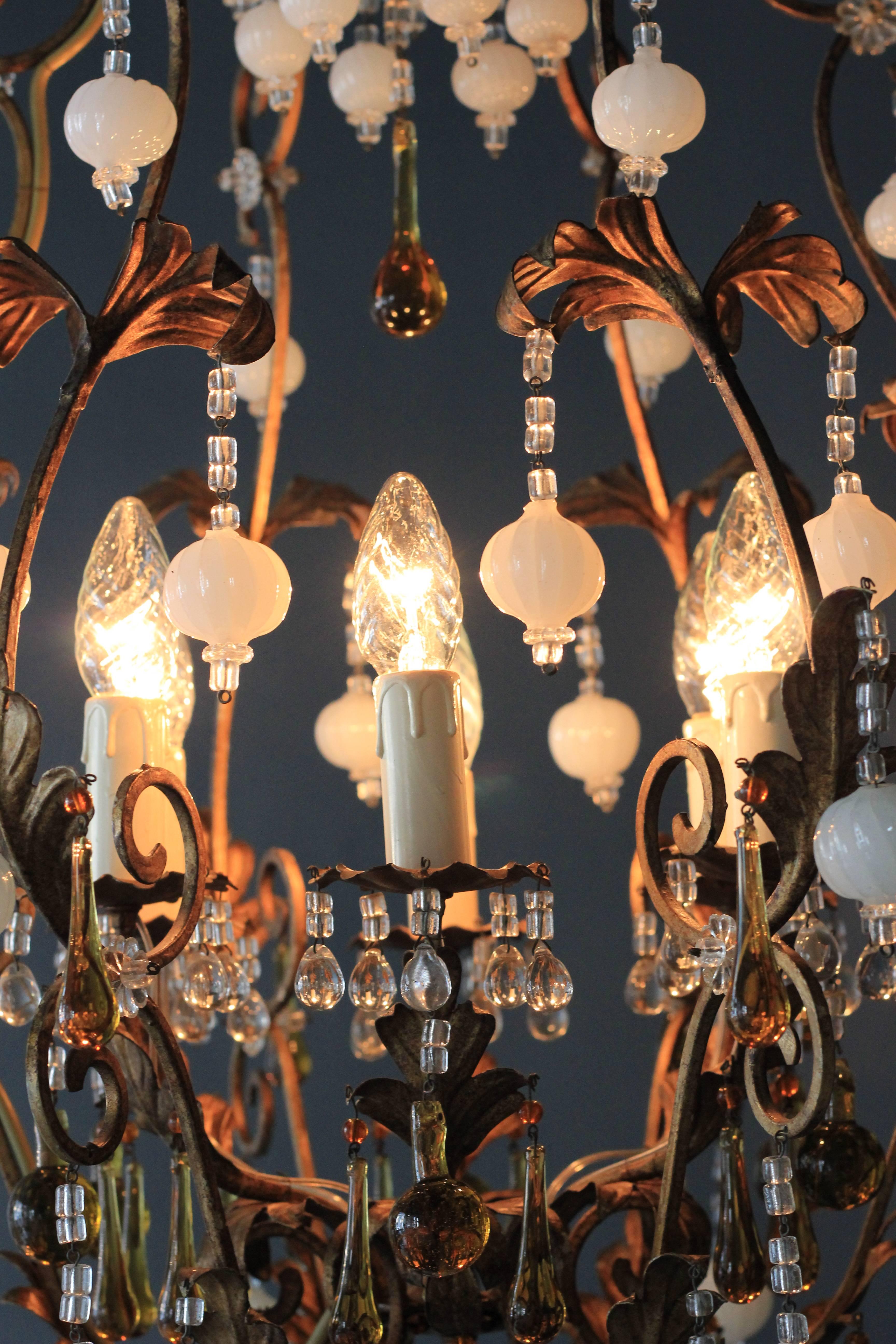 Hand-Knotted Special Murano Crystal Chandelier White and Brown Colorful Amber Lustré Cage