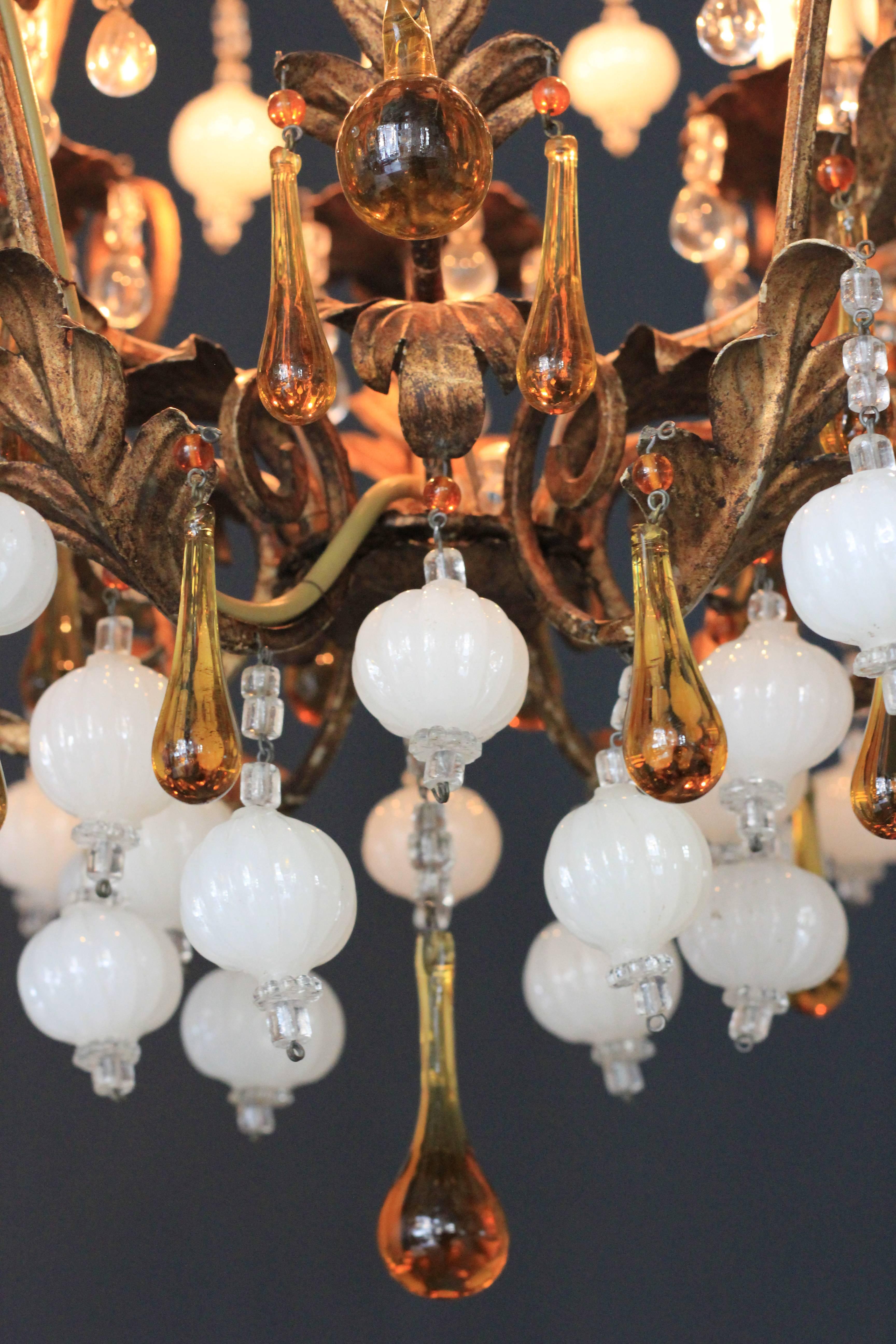 Special Murano Crystal Chandelier White and Brown Colorful Amber Lustré Cage In Good Condition In Berlin, DE