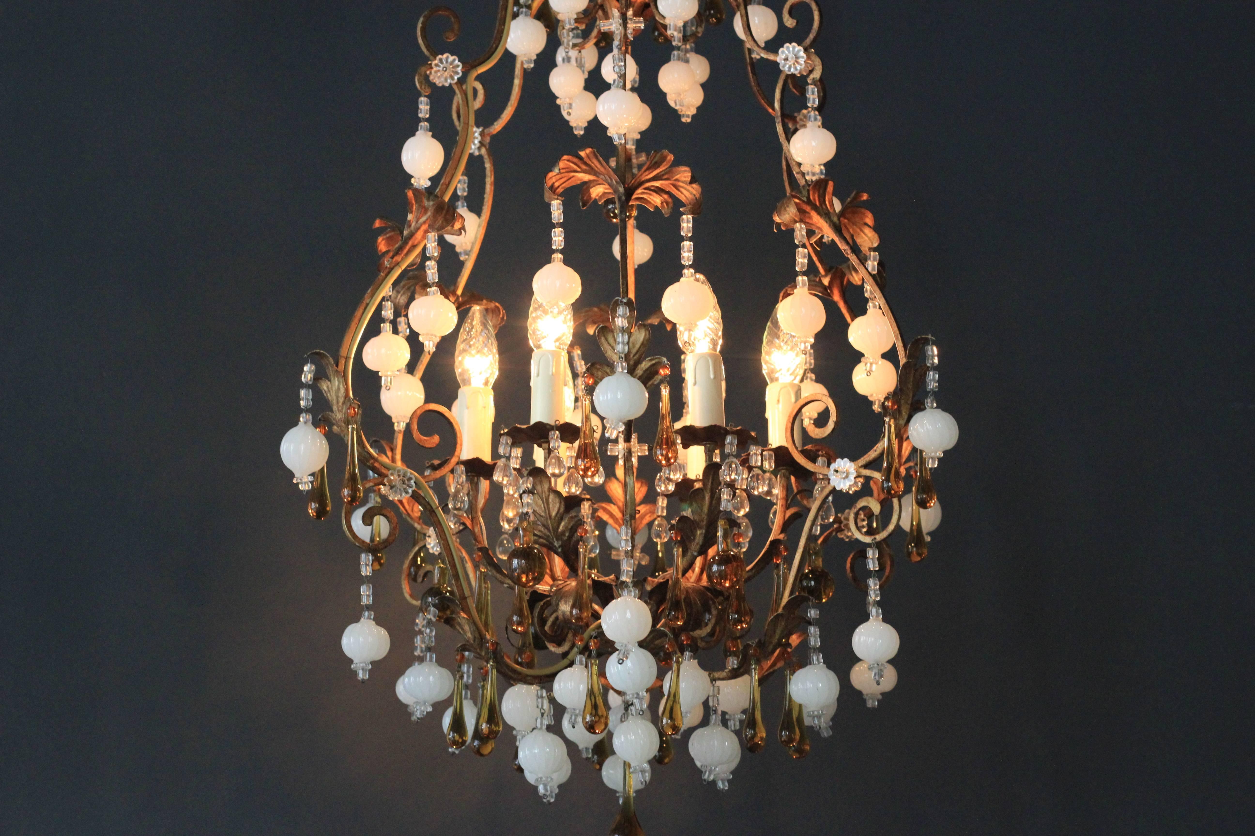 Mid-20th Century Special Murano Crystal Chandelier White and Brown Colorful Amber Lustré Cage