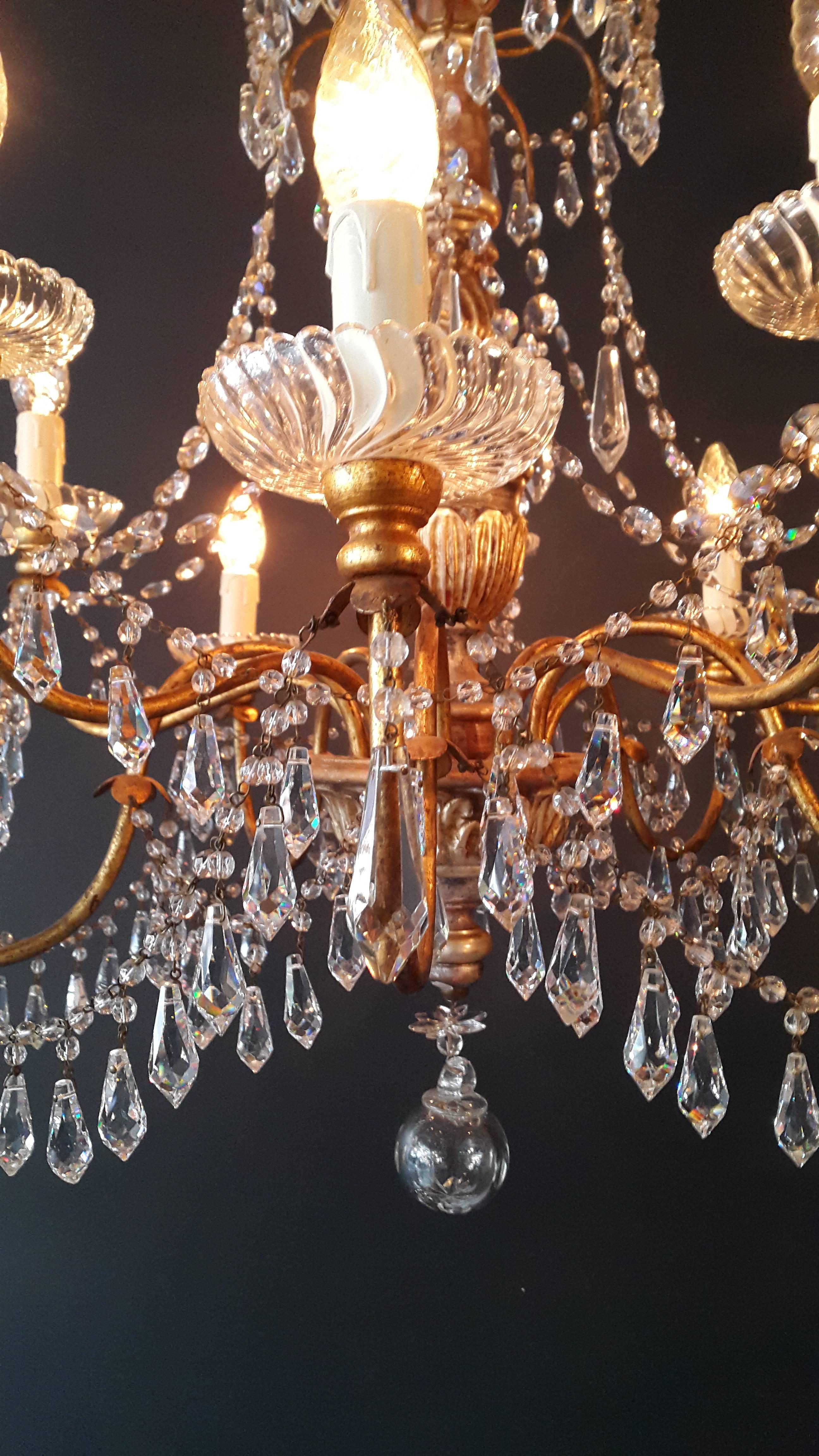 Hand-Knotted Antique Crystal Chandelier Lustre, 19th Century Wood