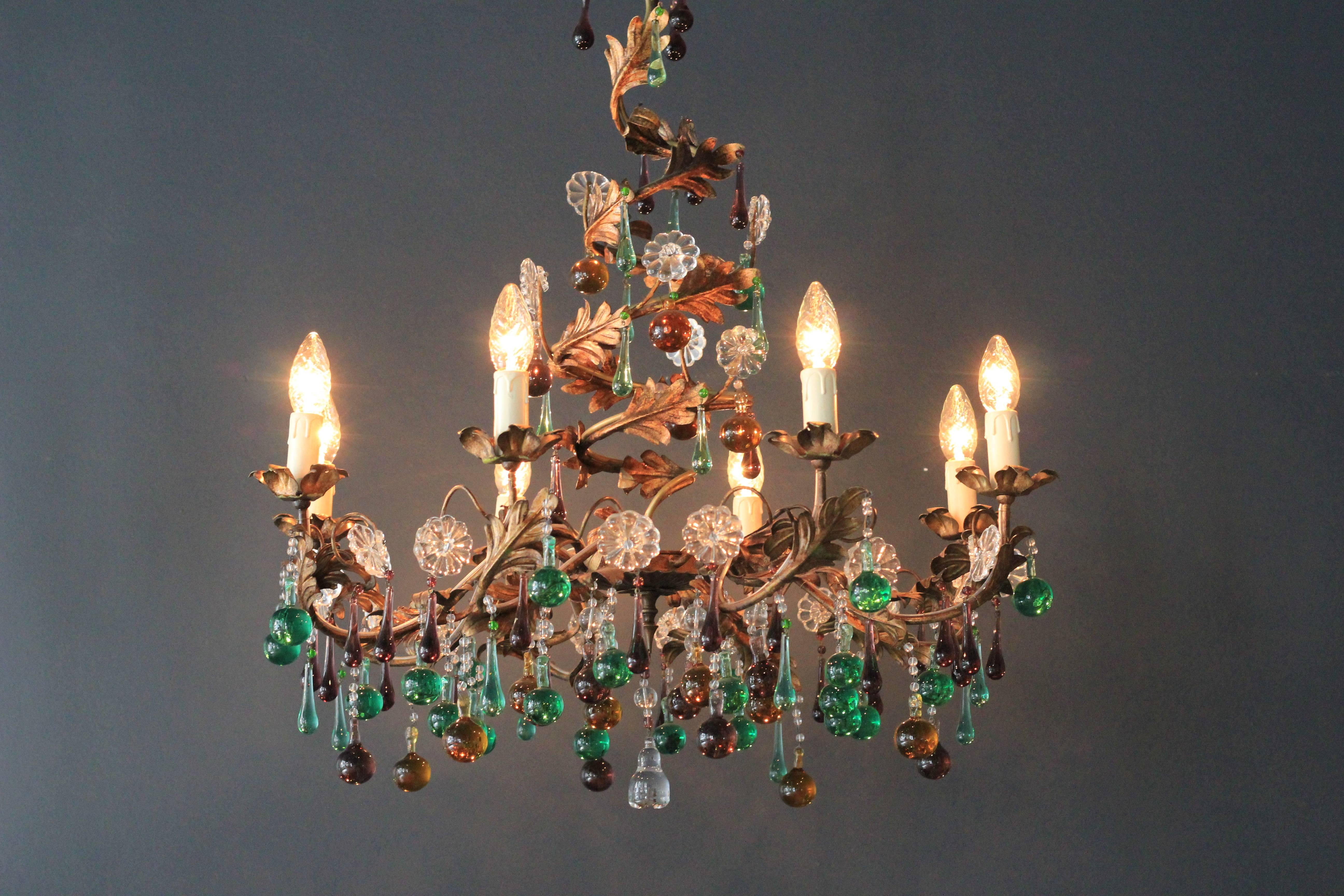 Original preserved chandelier, circa 1940. Cabling and sockets completely renewed. Crystal hand-knotted
Total height: 99cm height without chain: 80cm diameter: 73cm weight (approximately): 13kg

Number of lights: Eight Light bulb sockets: E14.
 