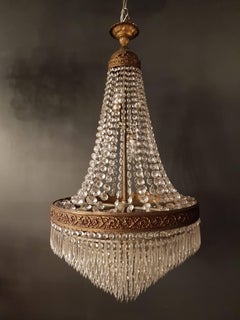 2 x 'Sac a Perle' Pair Crystal Chandelier Lustre Antique Brass Ceiling Lamp