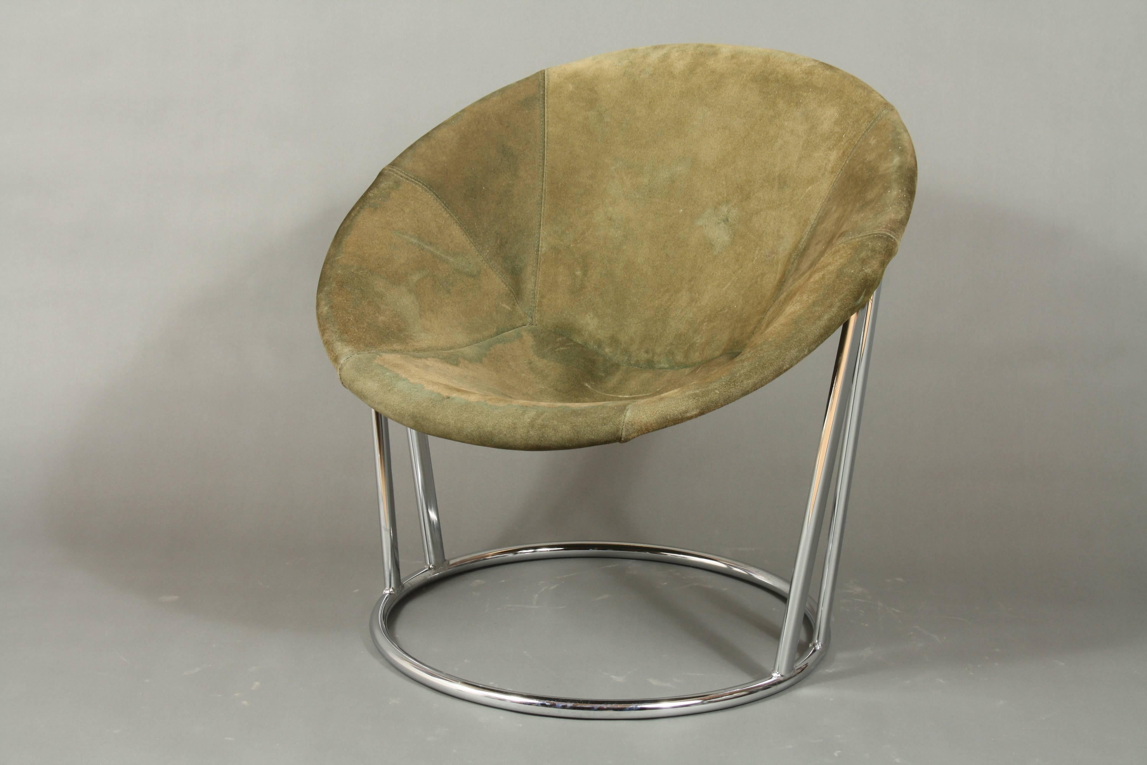 Post-Modern Circle Chairs, Chrome and Green Suede For Sale