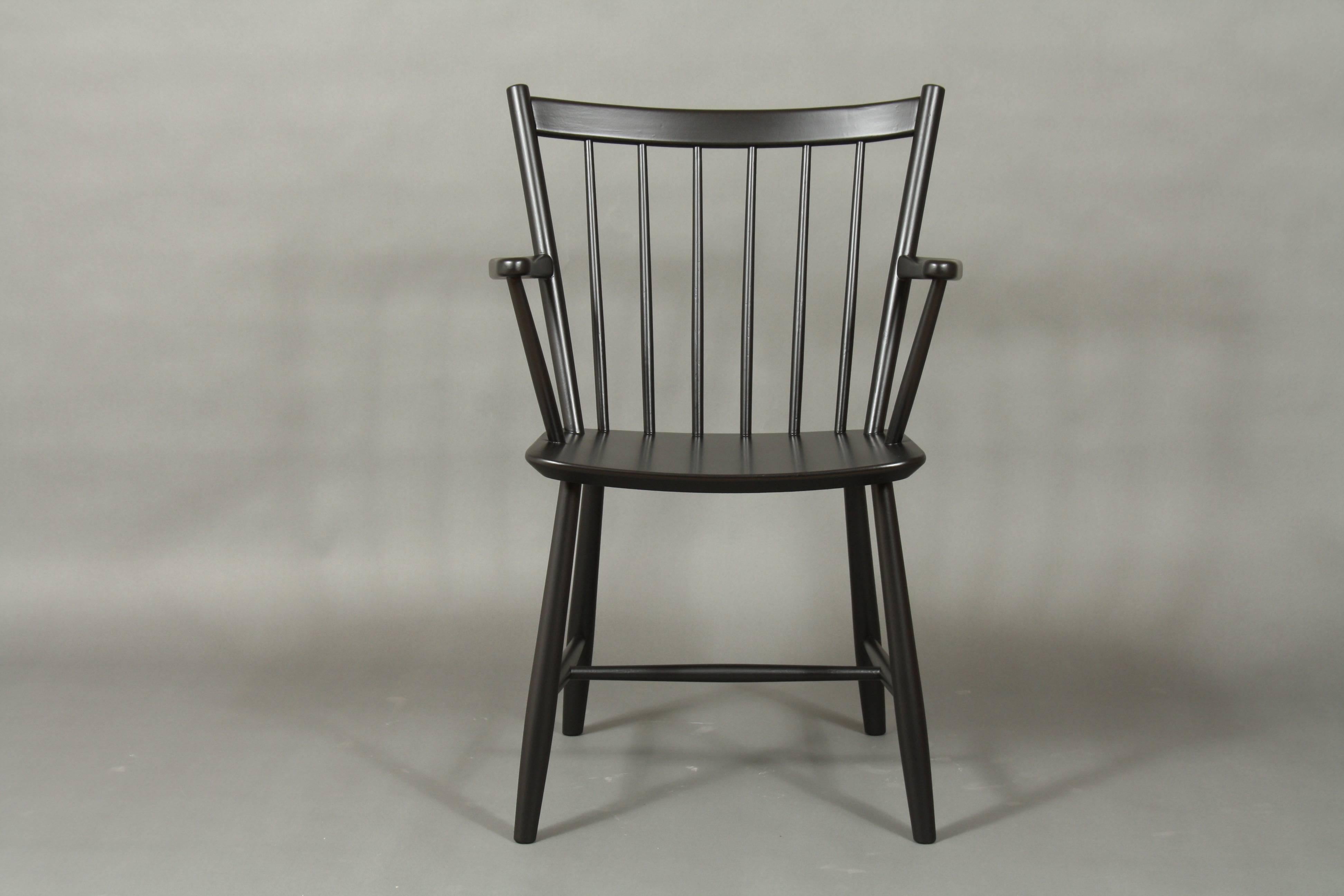 Børge Mogensen black dining chair, model J42. One of Børge Mogensen Classic designs from the 1950s. This chair is restored and new painted black. We have 3 at the store.