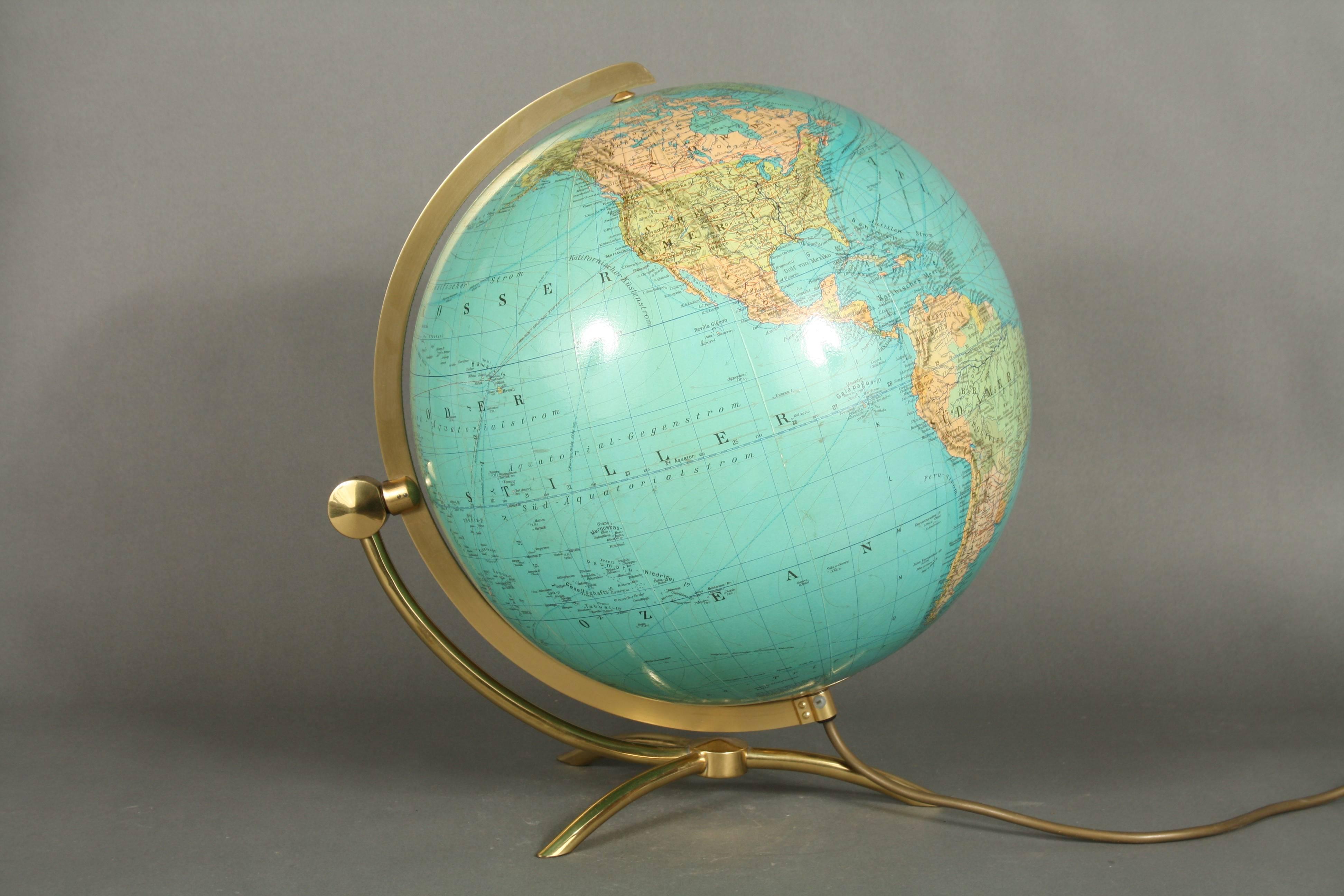 Mid-Century Modern German Globe Made in the 1950s Glass and Brass, Columbus Duo