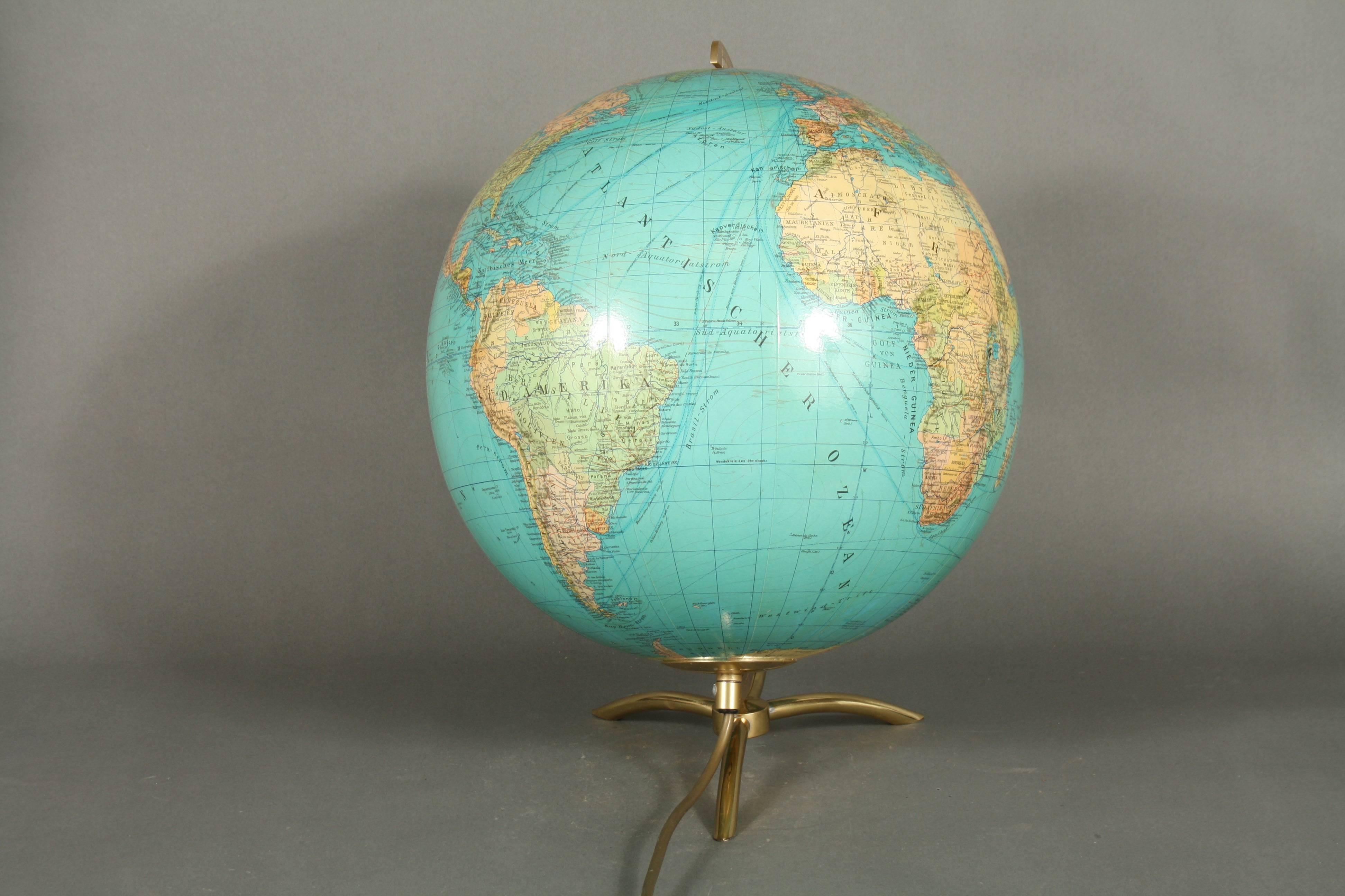German Globe Made in the 1950s Glass and Brass, Columbus Duo In Excellent Condition In Faarevejle, DK