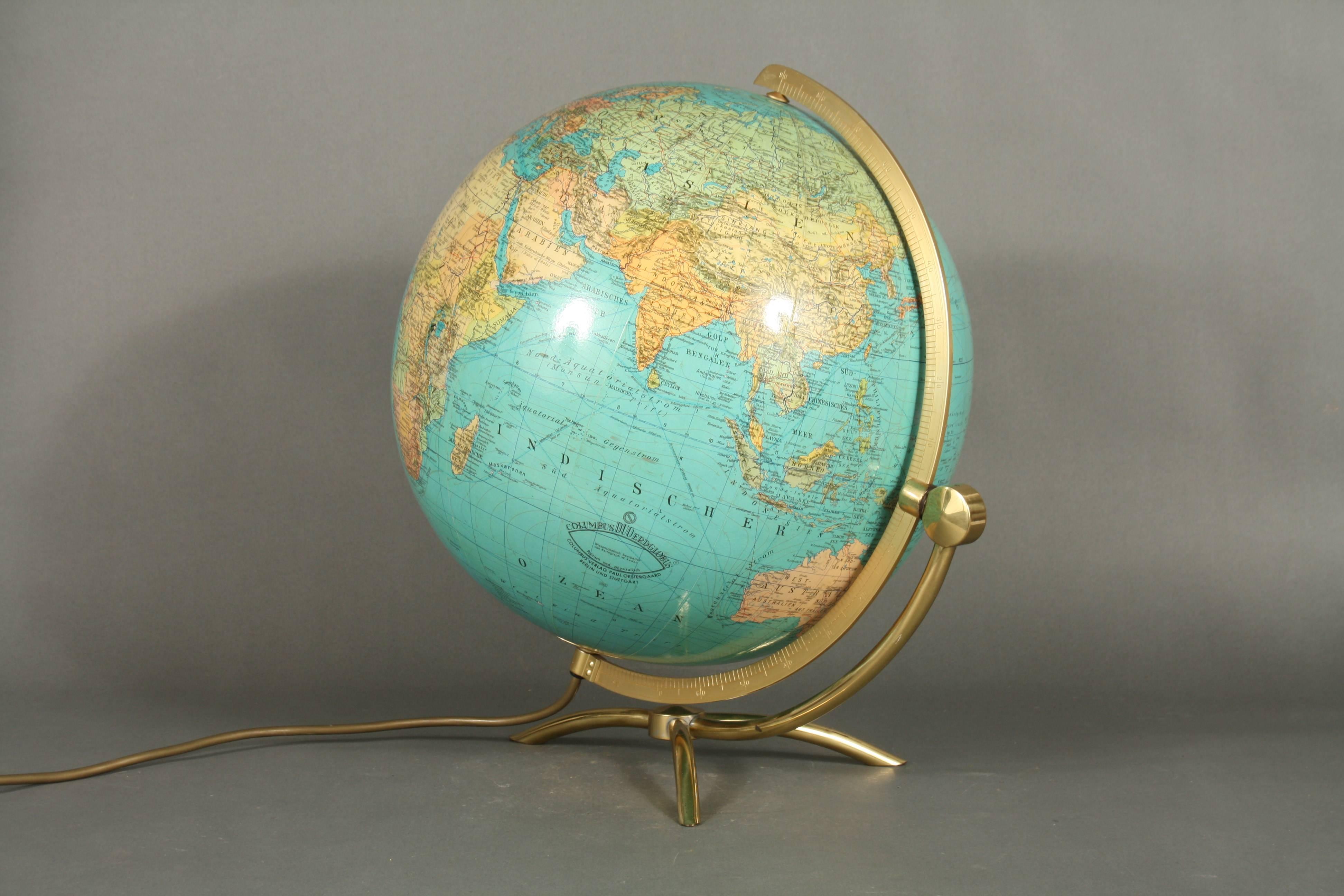 Mid-20th Century German Globe Made in the 1950s Glass and Brass, Columbus Duo