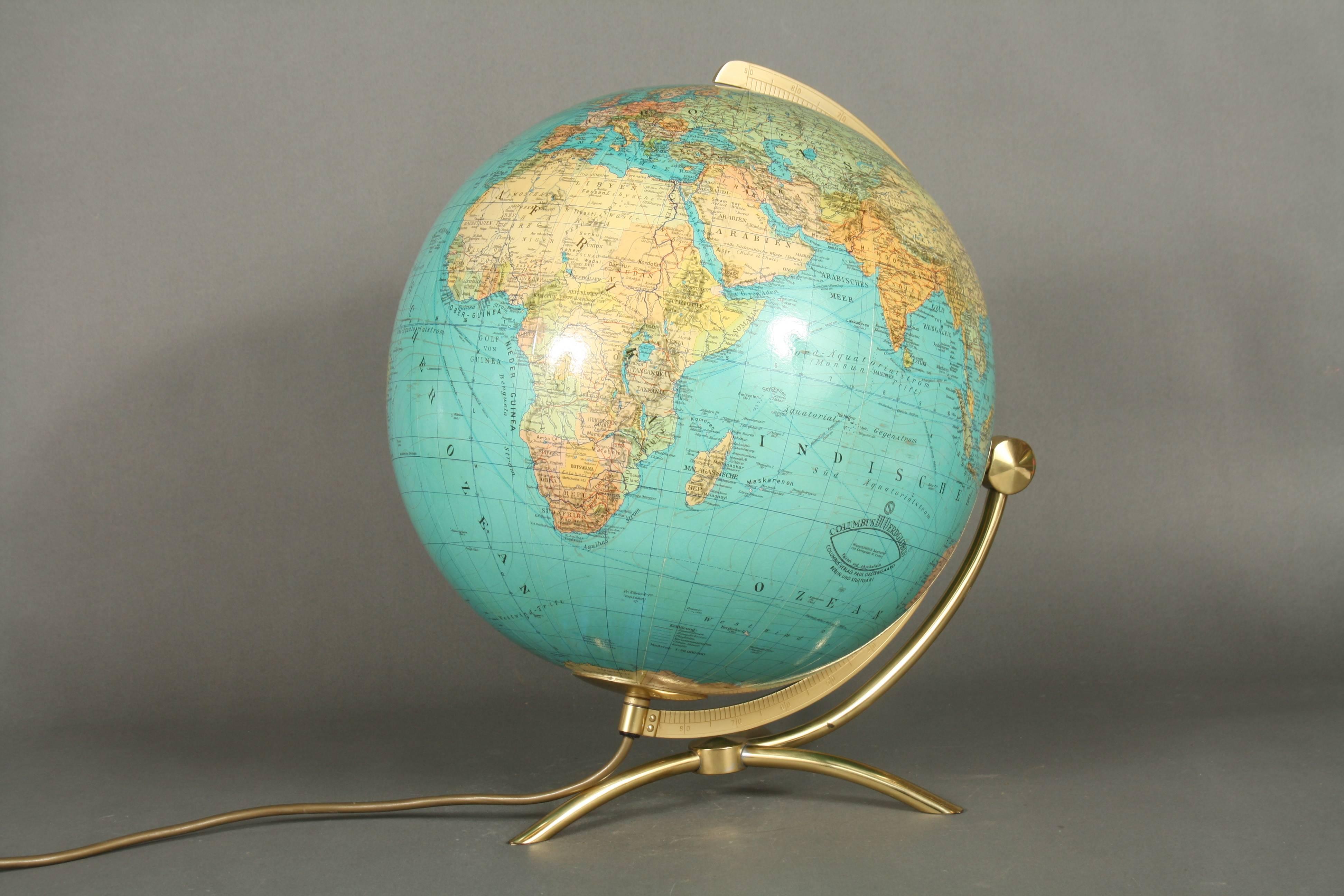 German Globe Made in the 1950s Glass and Brass, Columbus Duo 3