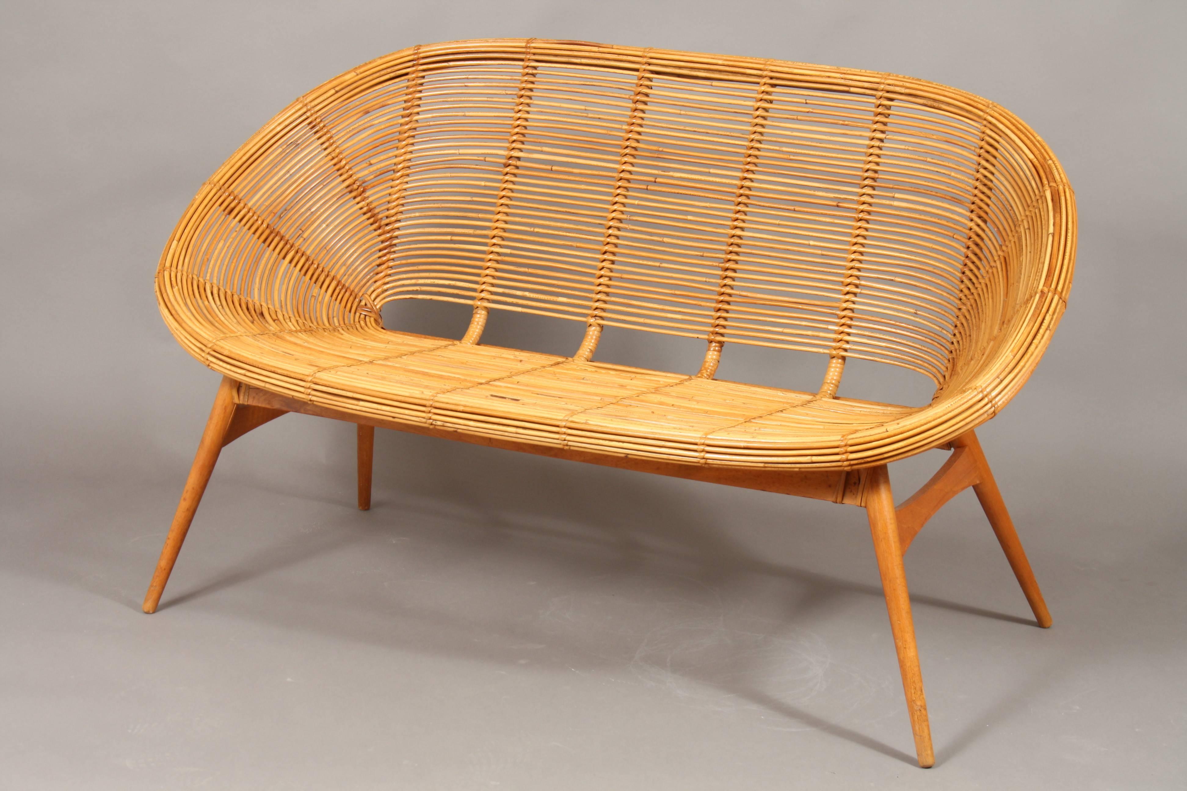 Mid-Century Modern 1960s Wicker Sofa with Teak Frame, Design from DDR