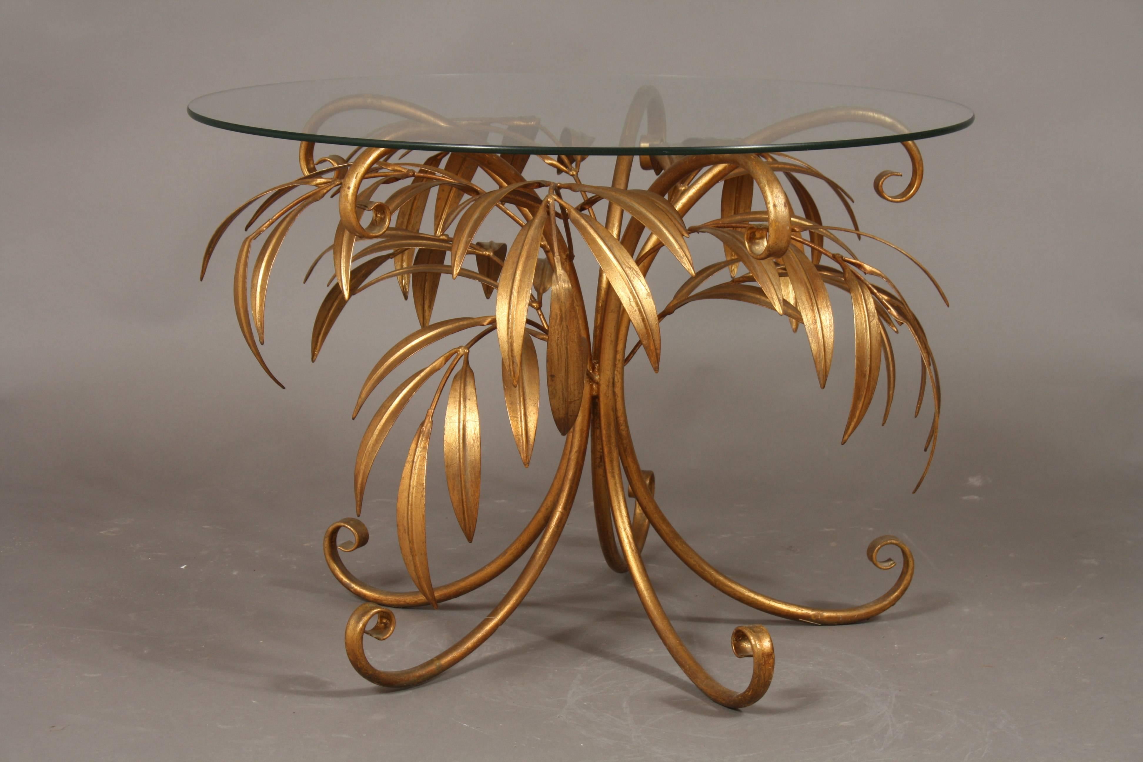 1960s Hans Kögl Gold Palm Tree table. Beautiful table with brass gold leaf frame and round glass on top. Use it as a coffee table or just a side table.