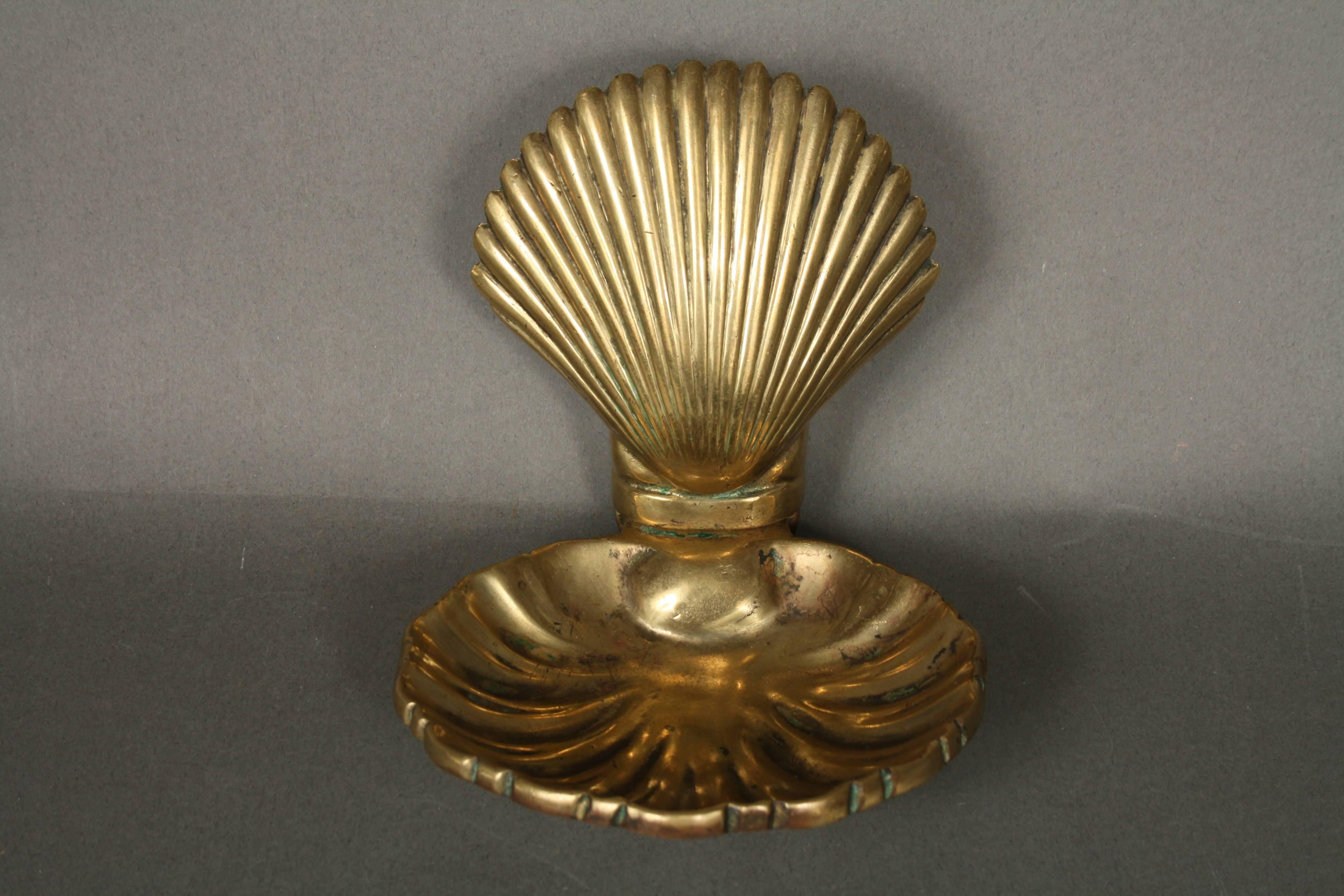 French Shell Shaped Soap Dish and Toothbrush Holder, Brass, 1950s For Sale