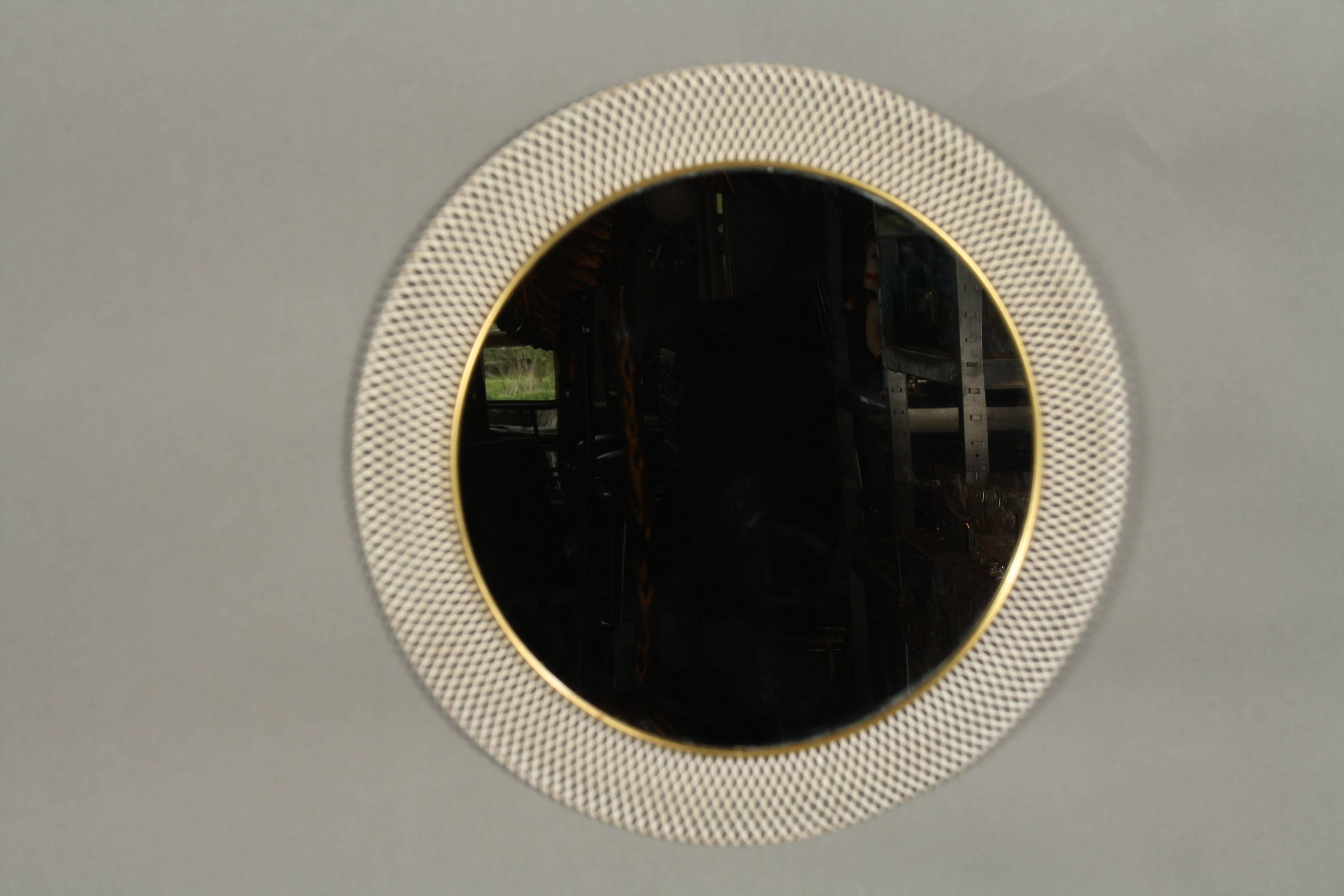 Midcentury round mirror white woven metallic frame gold inner circle, 1950s, Germany.