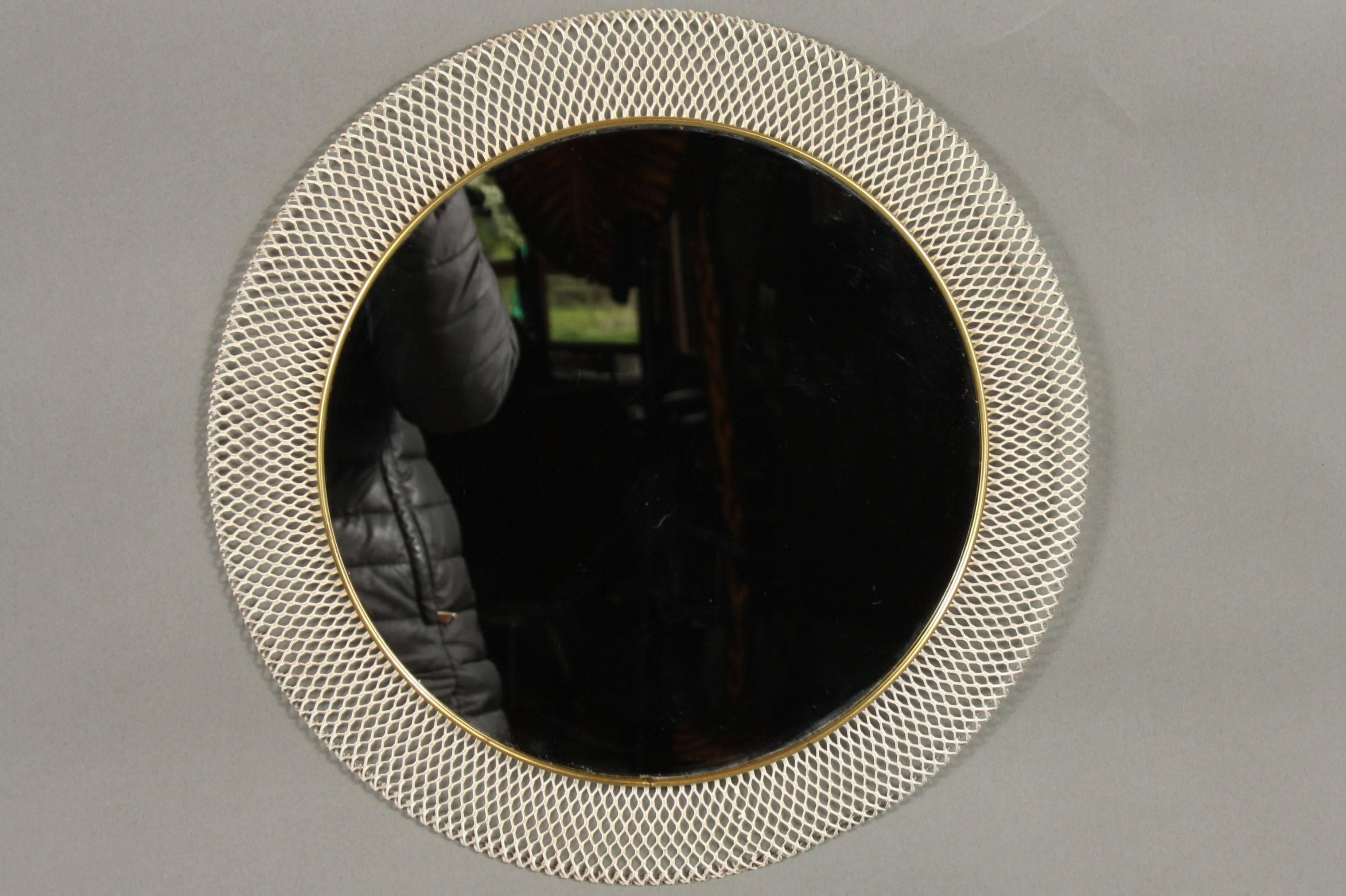 Midcentury Round Mirror White Woven Metallic Frame, 1950s, Germany For Sale 1