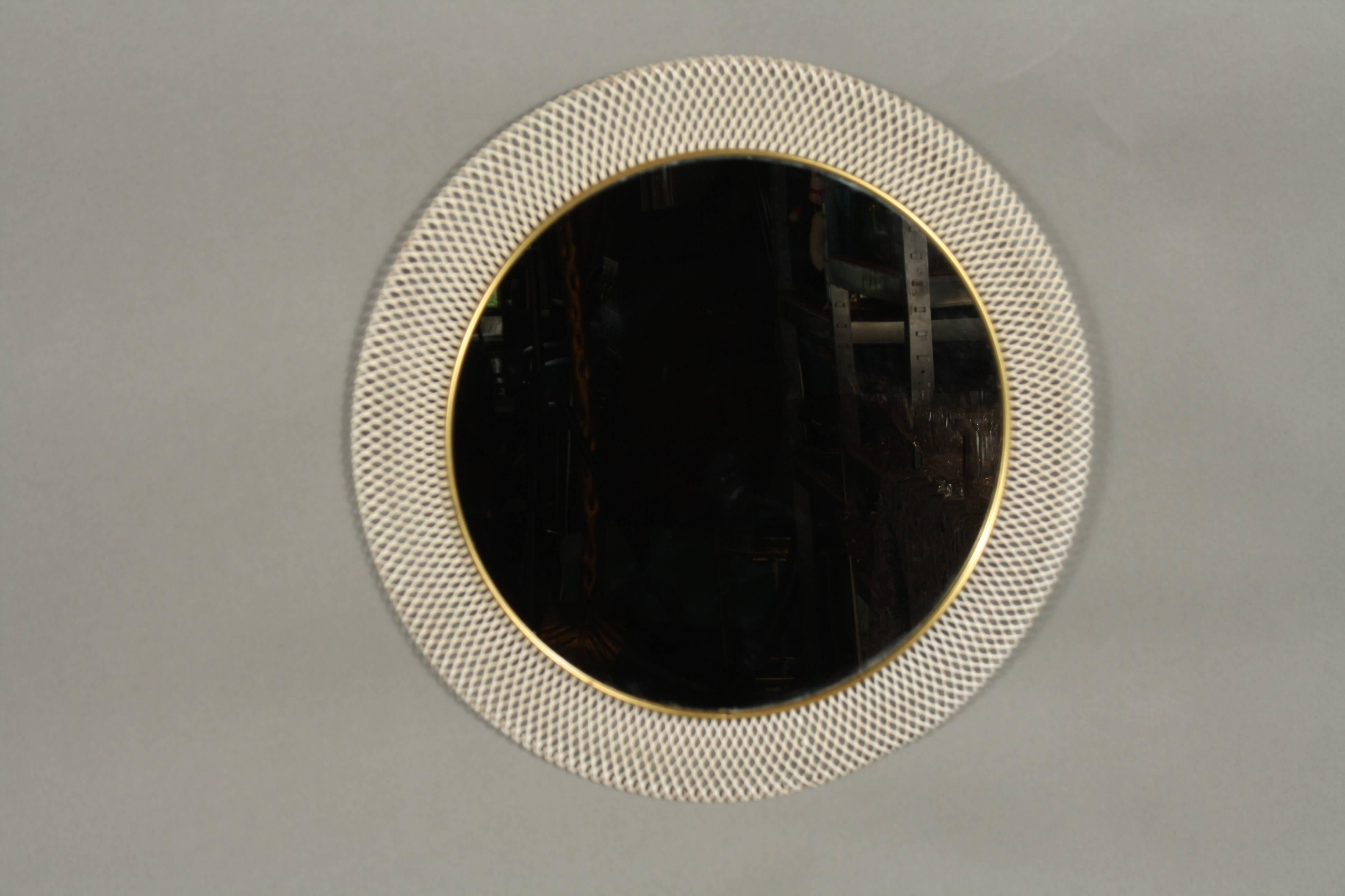 Midcentury Round Mirror White Woven Metallic Frame, 1950s, Germany For Sale 2