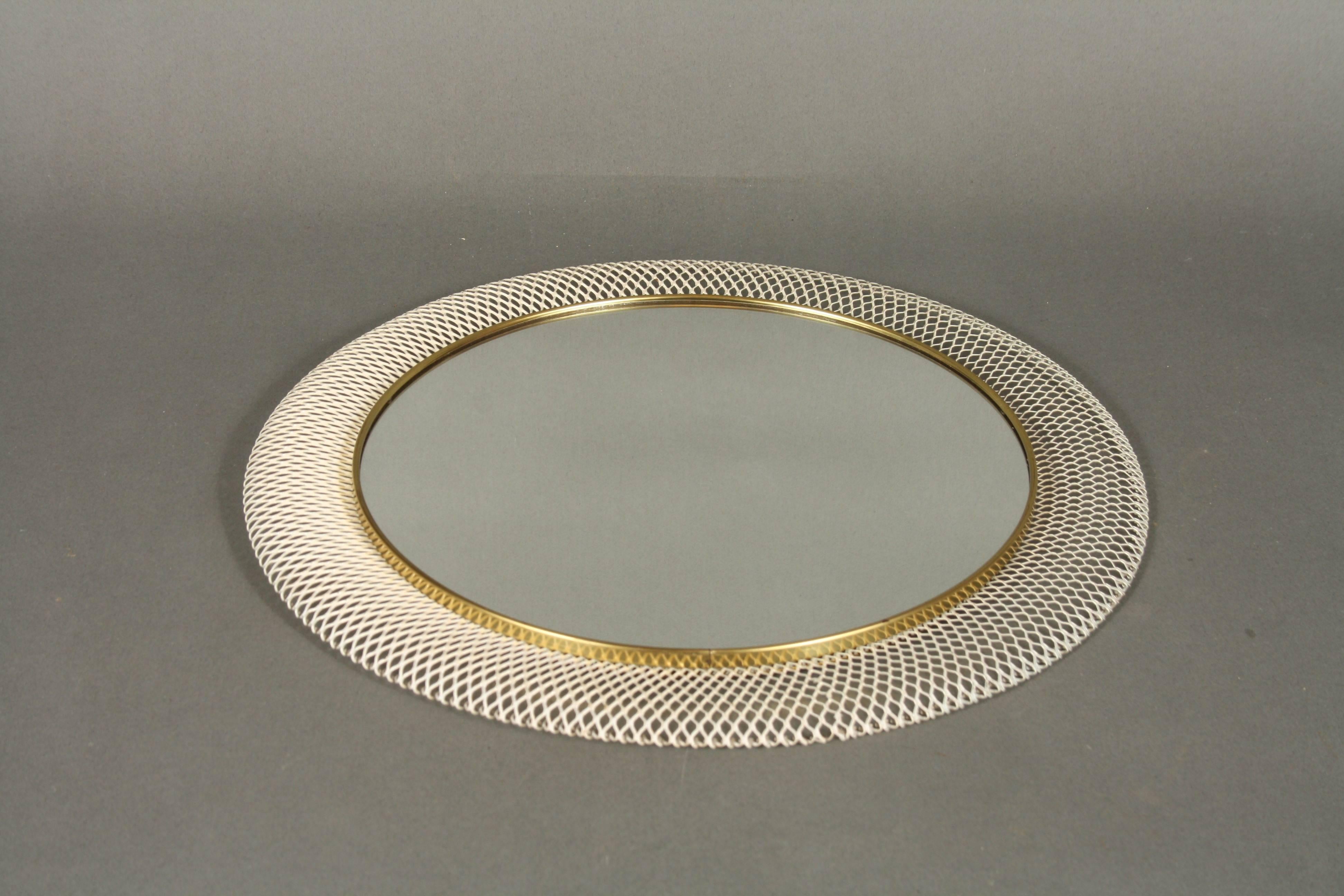 Midcentury Round Mirror White Woven Metallic Frame, 1950s, Germany For Sale 4