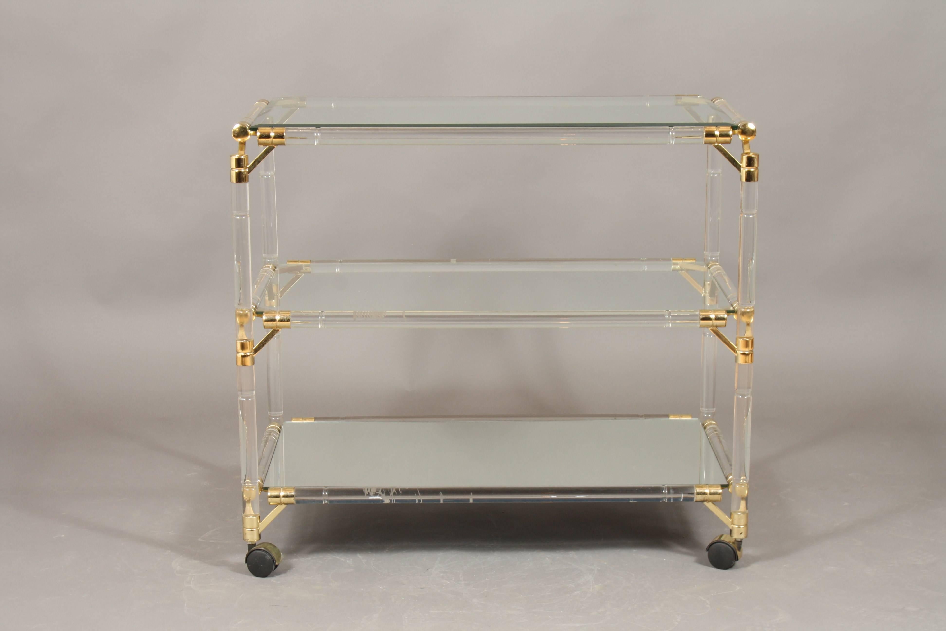 Hollywood Regency Drinks Trolley, Glass, Mirror, Lucite and Gilt, Italy