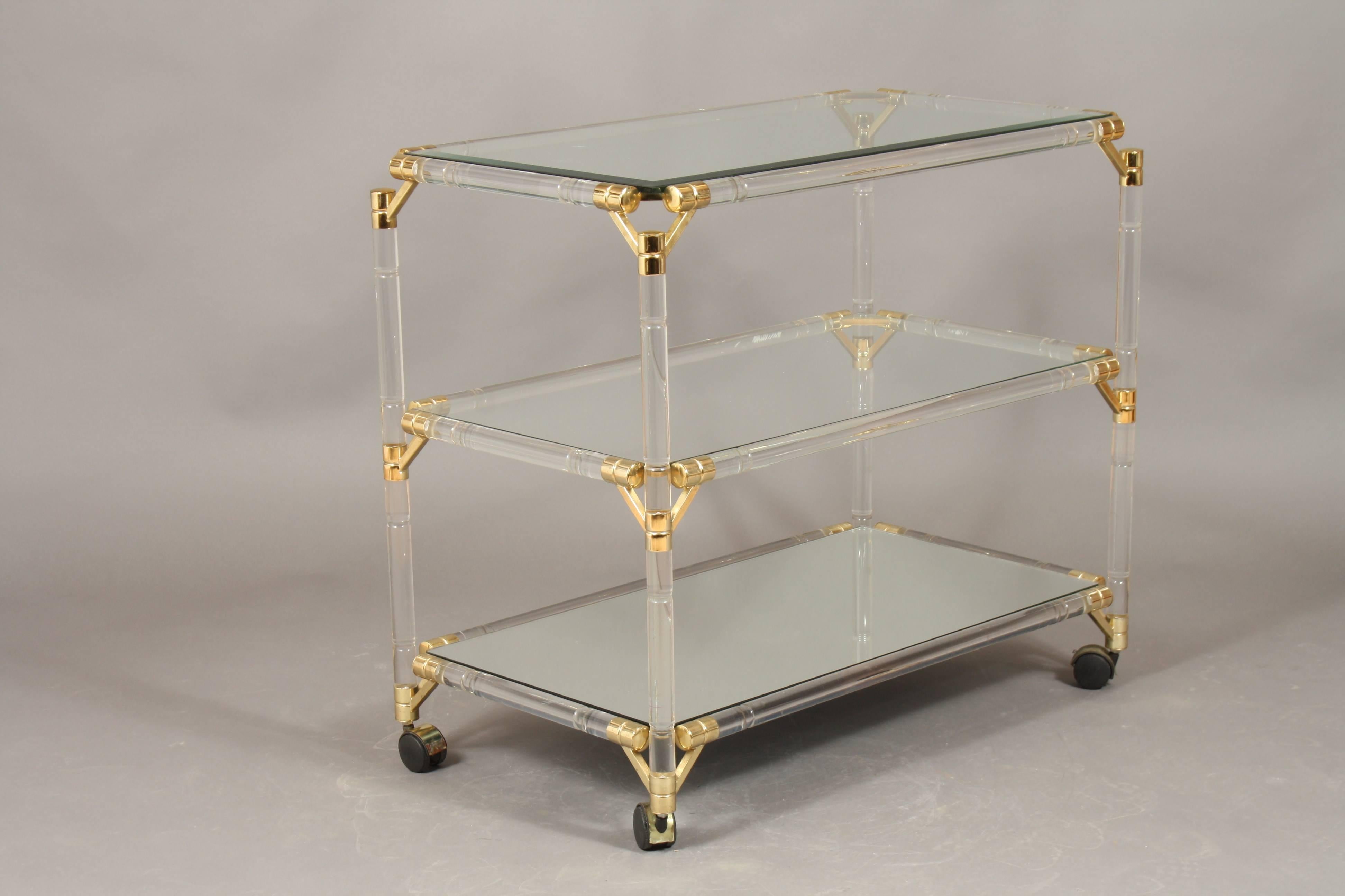 Late 20th Century Drinks Trolley, Glass, Mirror, Lucite and Gilt, Italy
