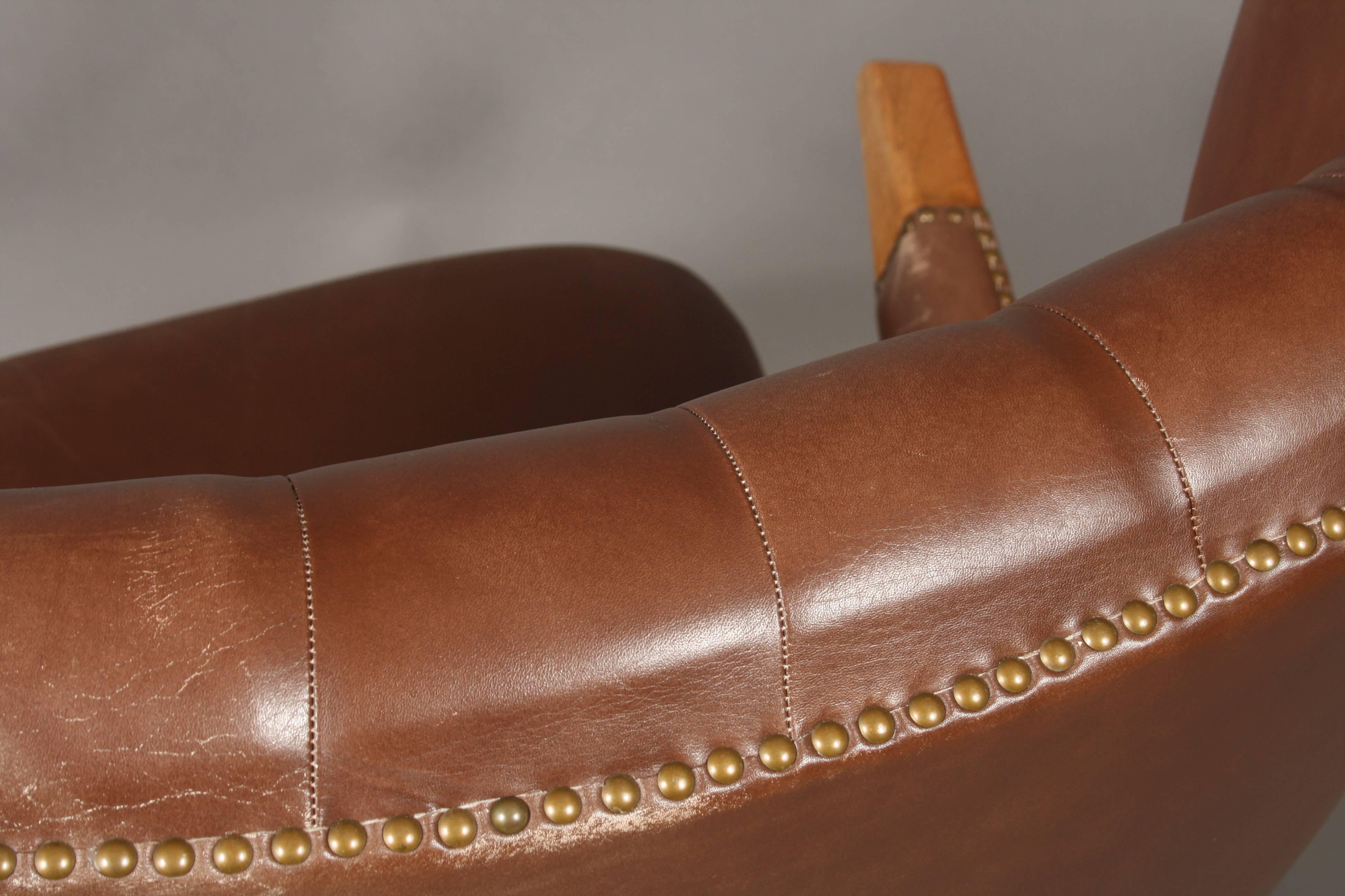Svend Skipper Model 91 Wing Chair, Brown Leather, Seam Edge, Studded For Sale 4