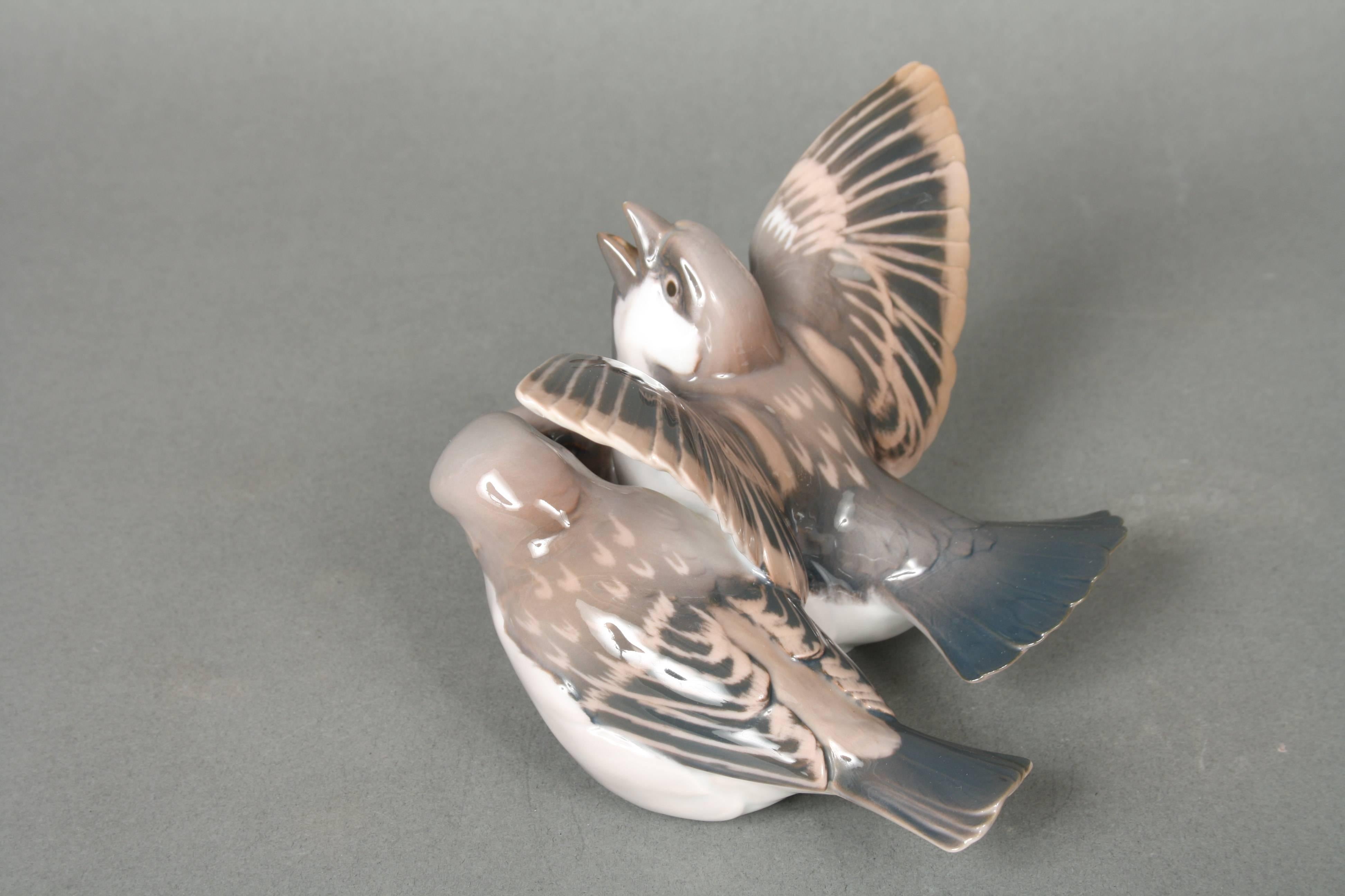 Glazed Bing & Grondahl, Three Little Birds, Sparrow Family, No. 1670, Denmark