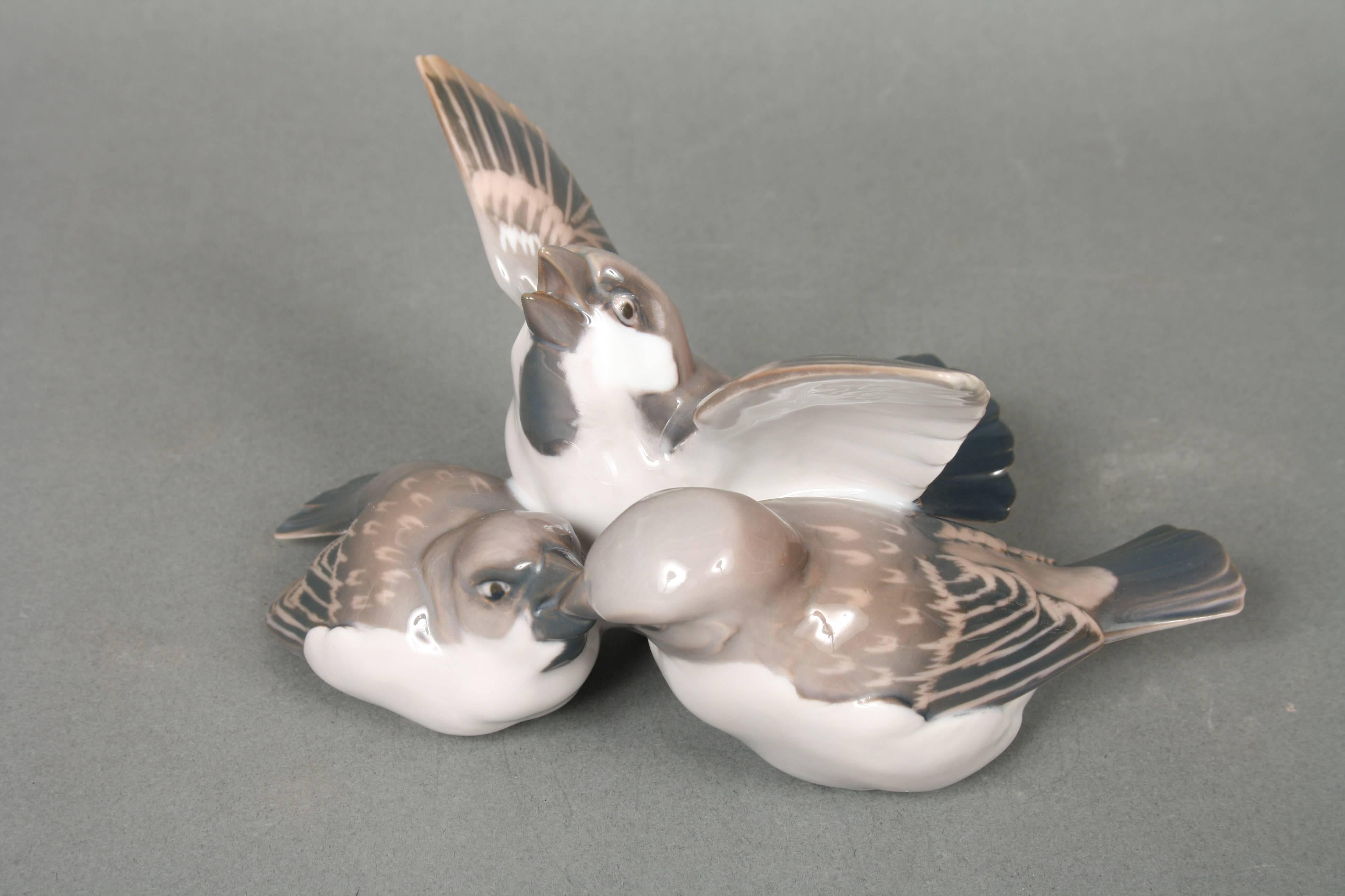 20th Century Bing & Grondahl, Three Little Birds, Sparrow Family, No. 1670, Denmark