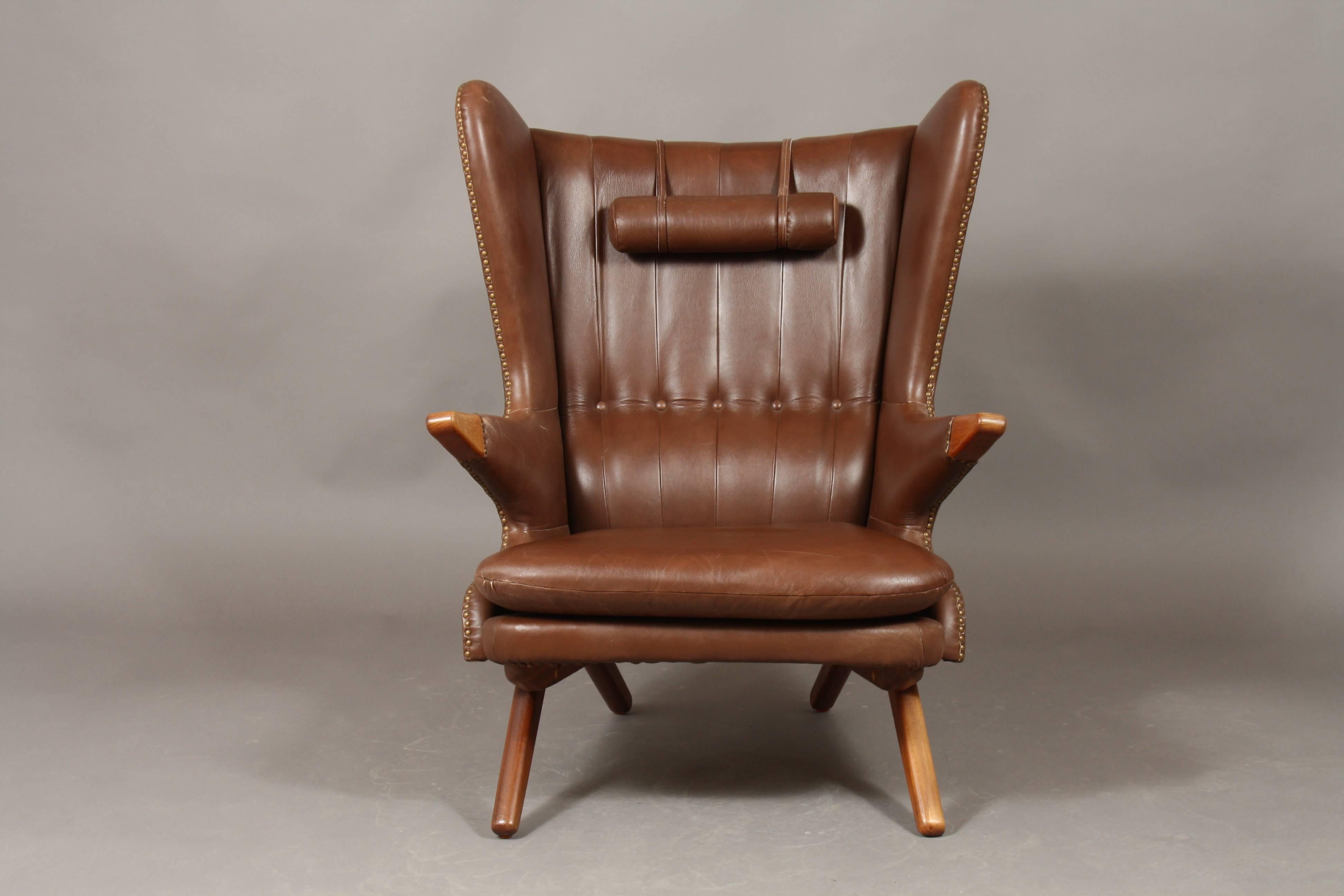 Mid-Century Modern Svend Skipper Model 91 Wing Chair, Brown Leather, Seam Edge, Studded For Sale