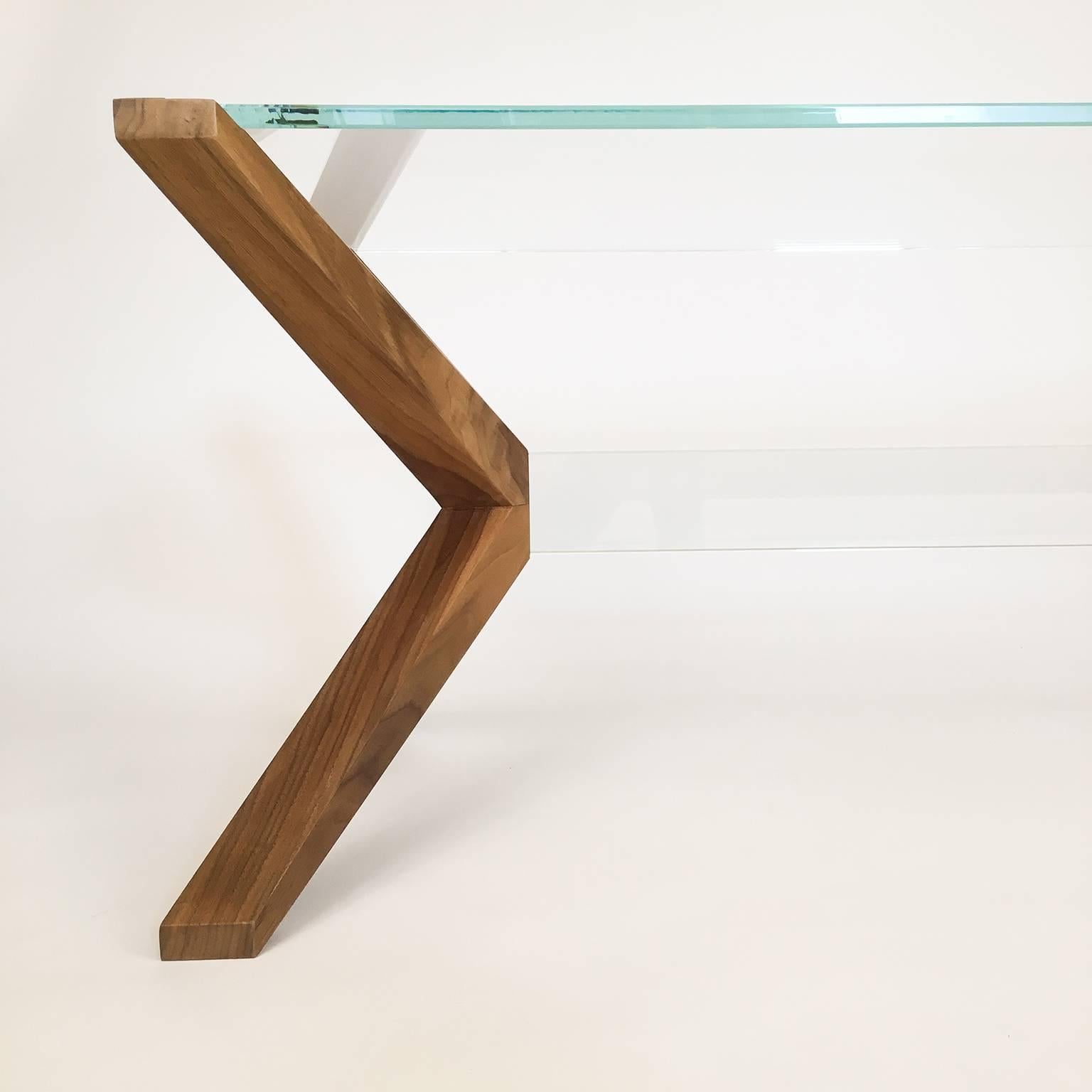 American Stay Table, Contemporary Walnut and Glass Architectural Coffee Table For Sale