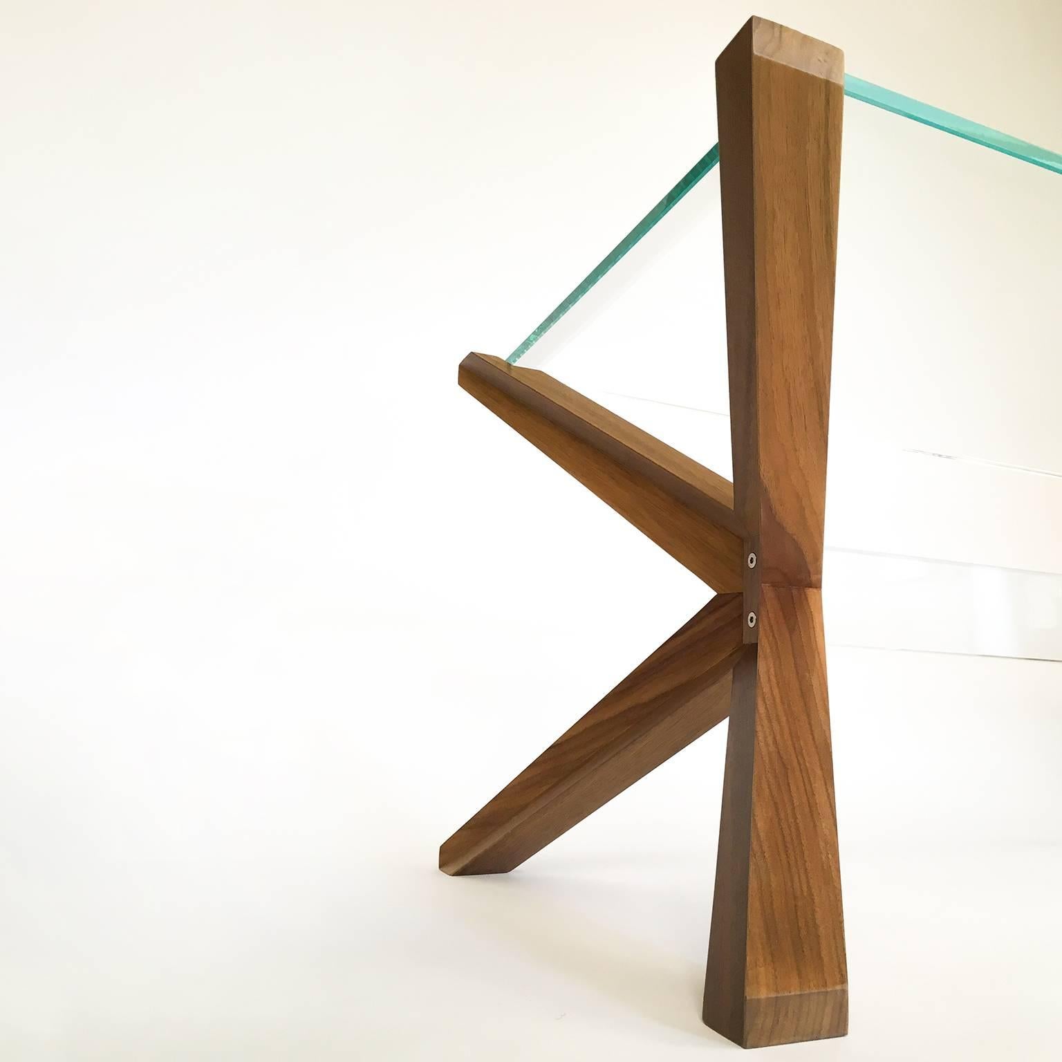 Brushed Stay Table, Contemporary Walnut and Glass Architectural Coffee Table For Sale