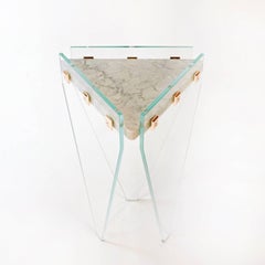 Prism Side Table, Contemporary Marble, Glass and Bronze Triangular Accent Table