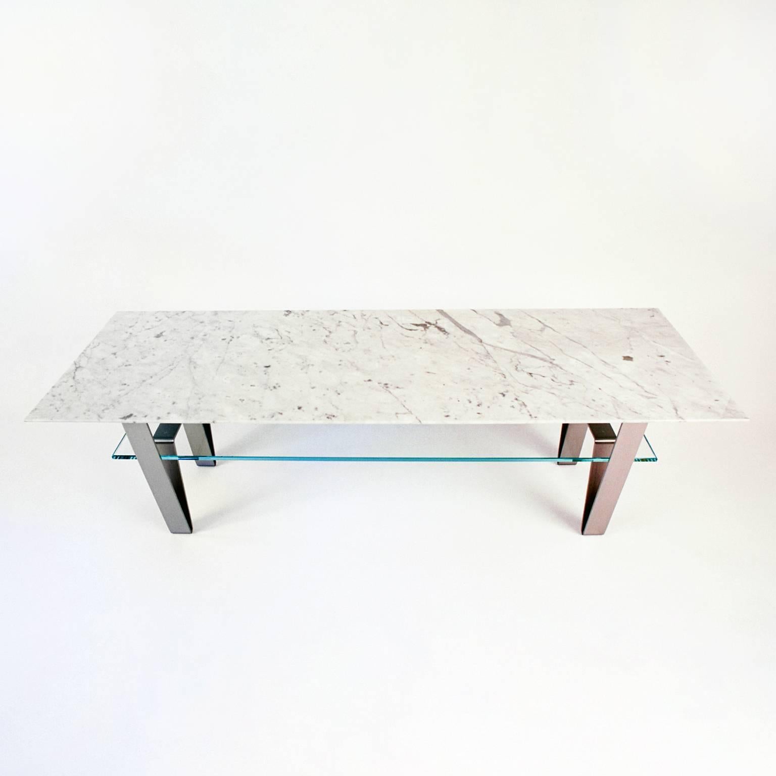 Mid-Century Modern Zaza Table, Contemporary Carrara Marble, Stainless Steel and Glass Coffee Table For Sale