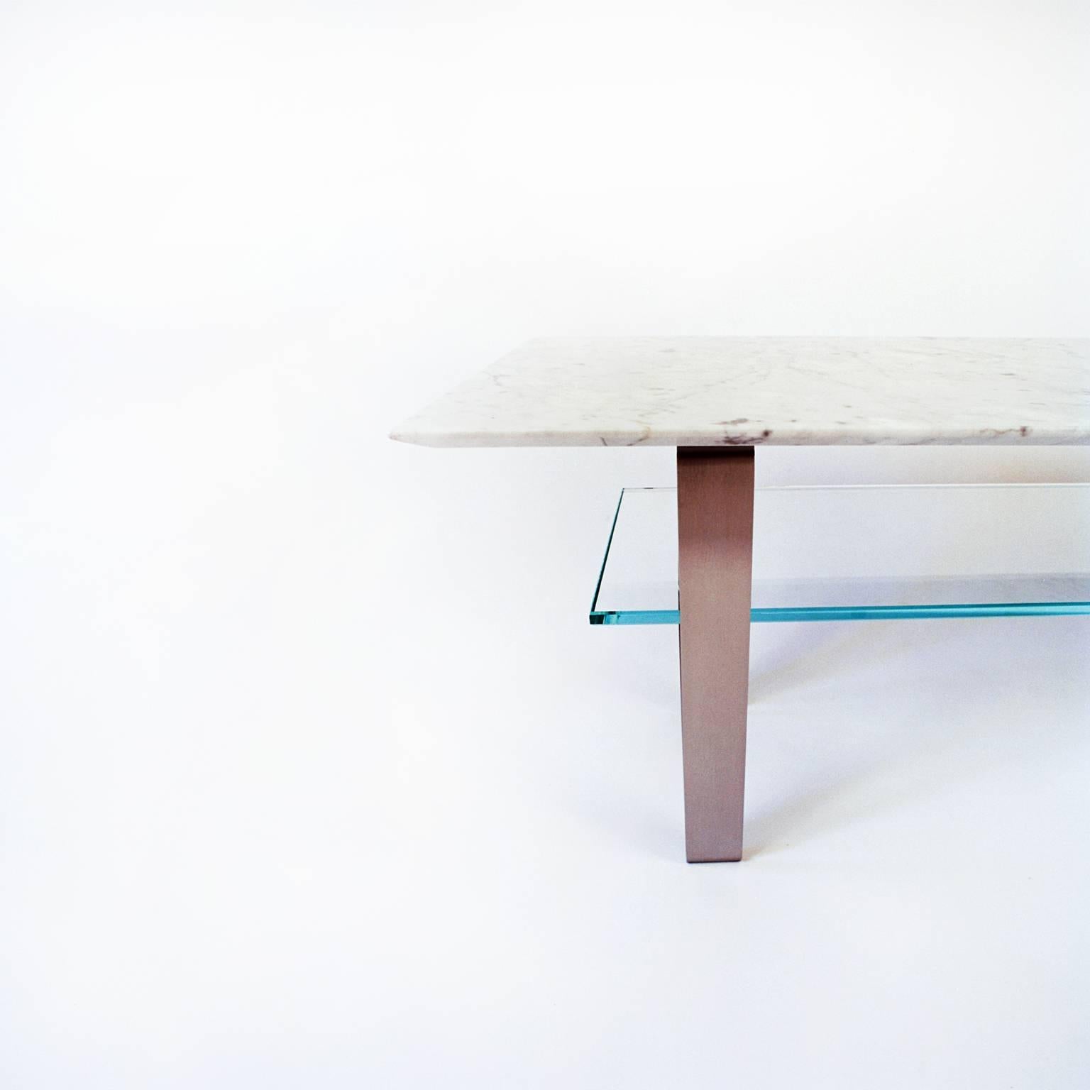 American Zaza Table, Contemporary Carrara Marble, Stainless Steel and Glass Coffee Table For Sale