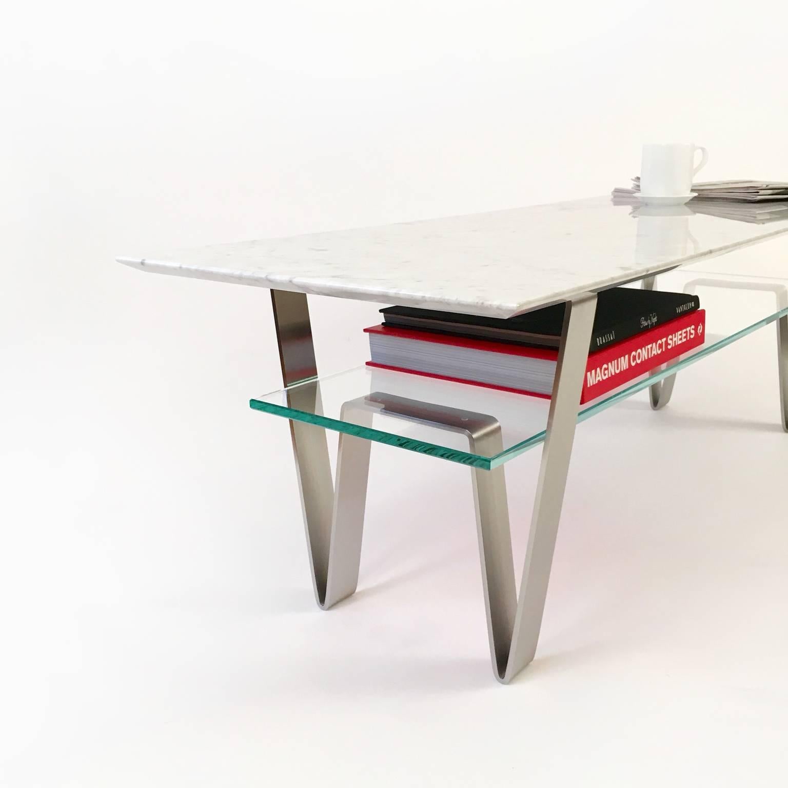 Brushed Zaza Table, Contemporary Carrara Marble, Stainless Steel and Glass Coffee Table For Sale