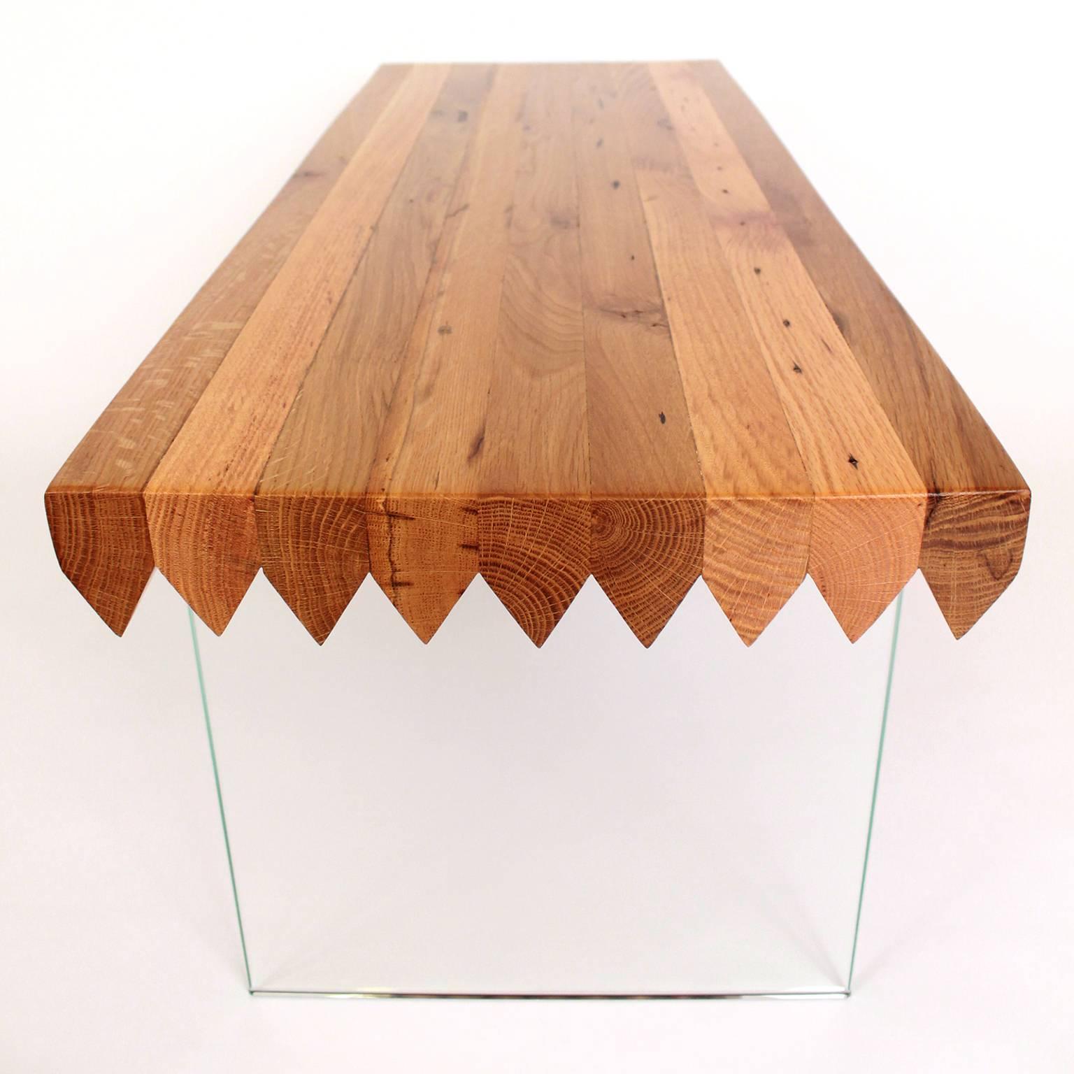 American Sawtooth Bench Reclaimed Oak Barn Board and Glass Contemporary Bench For Sale