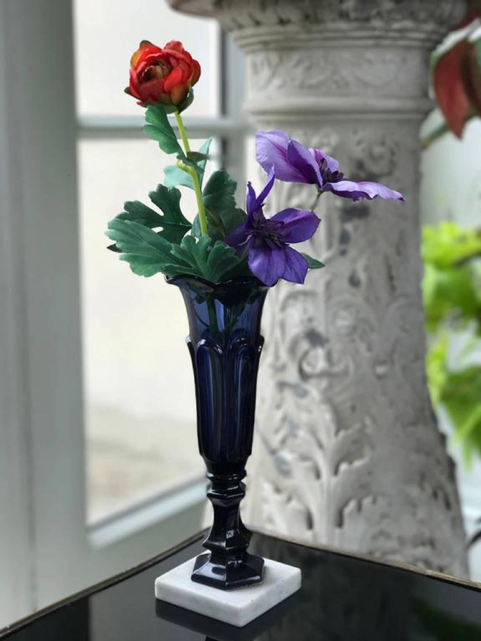 American Pair of Sandwich Glass Vases on Marble Bases, circa 1860 For Sale