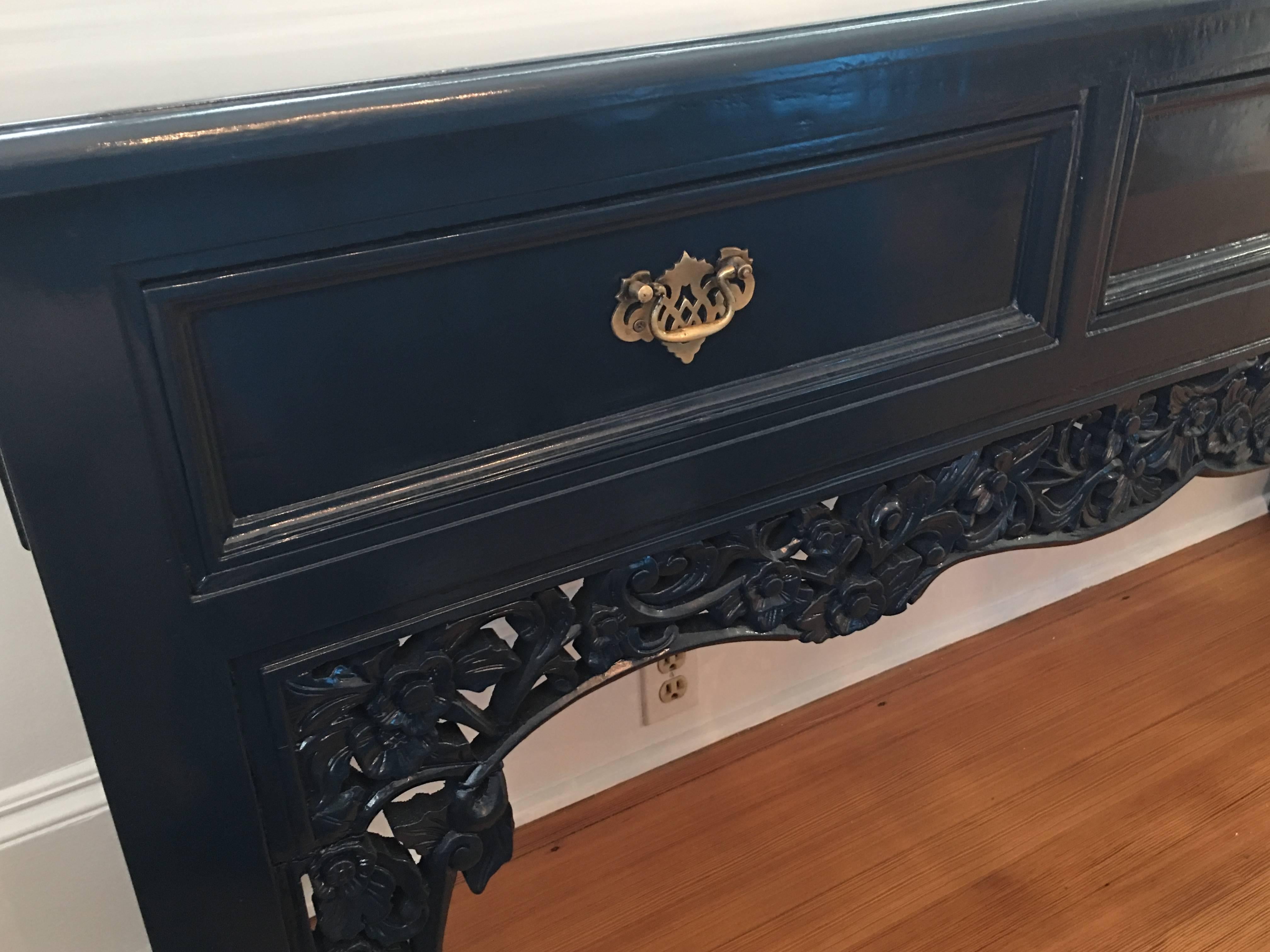 Wood Midcentury Carved Three Drawers Lacquered Console Table For Sale