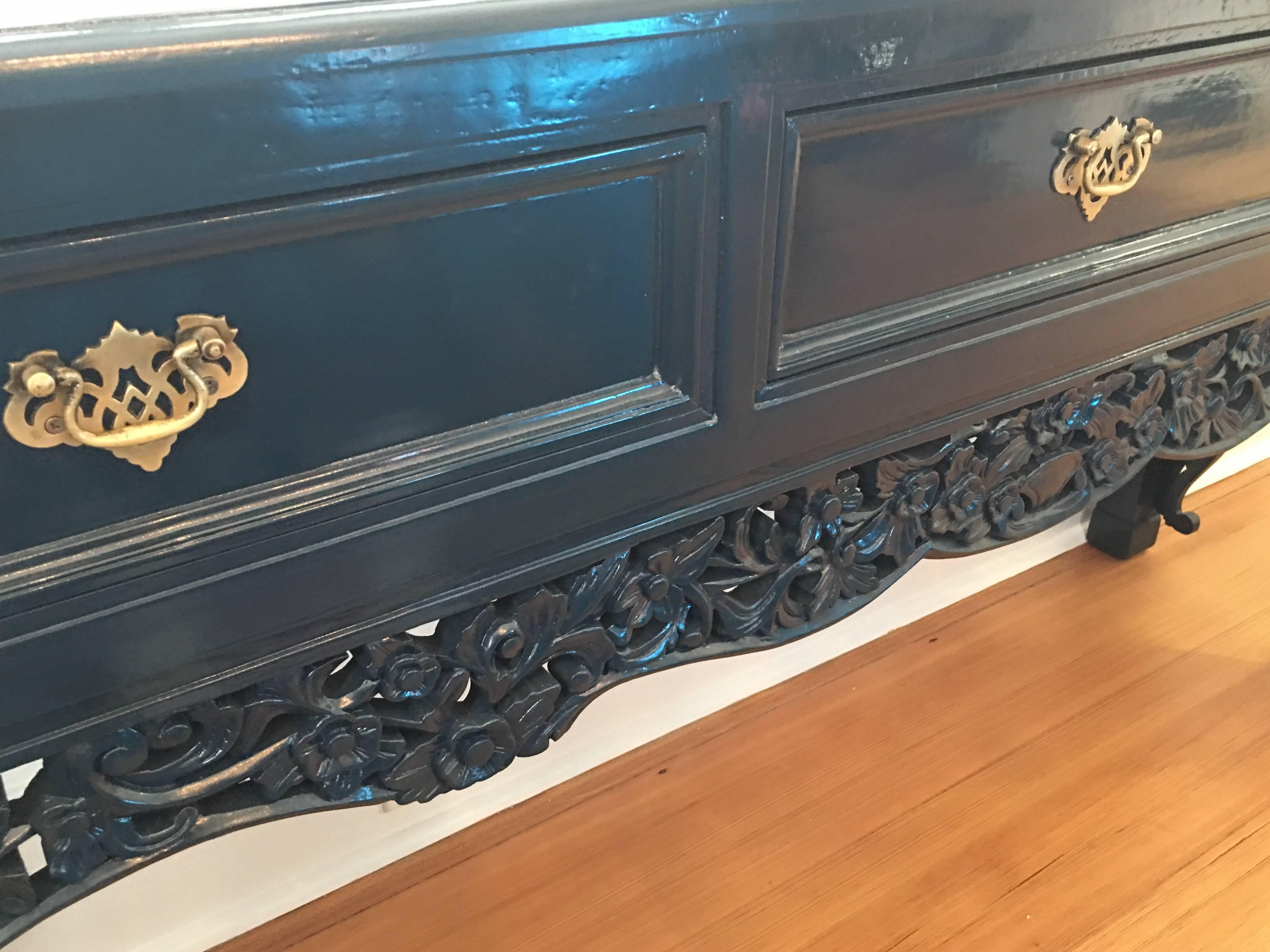 Midcentury Carved Three Drawers Lacquered Console Table For Sale 1