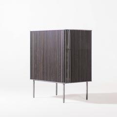 Dry Bar in Oiled Laser-Cut Steel Frame with Black Oak Slats and Leather Top