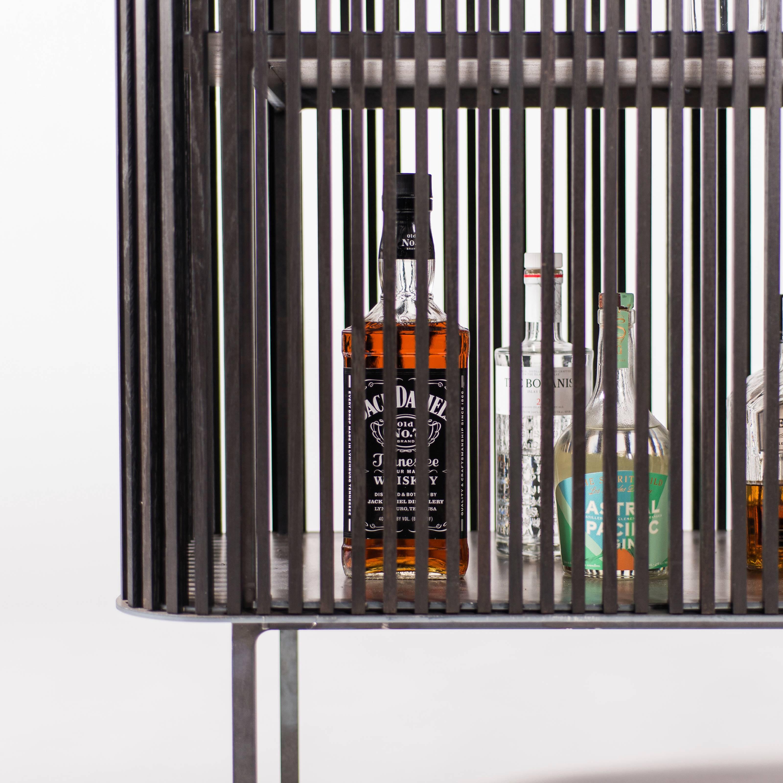 Modern Dry Bar in Oiled Laser-Cut Steel Frame with Black Oak Slats and Leather Top For Sale