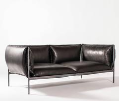 Double-Seat Sofa in Milled Black Leather and Oiled Laser-Cut Steel
