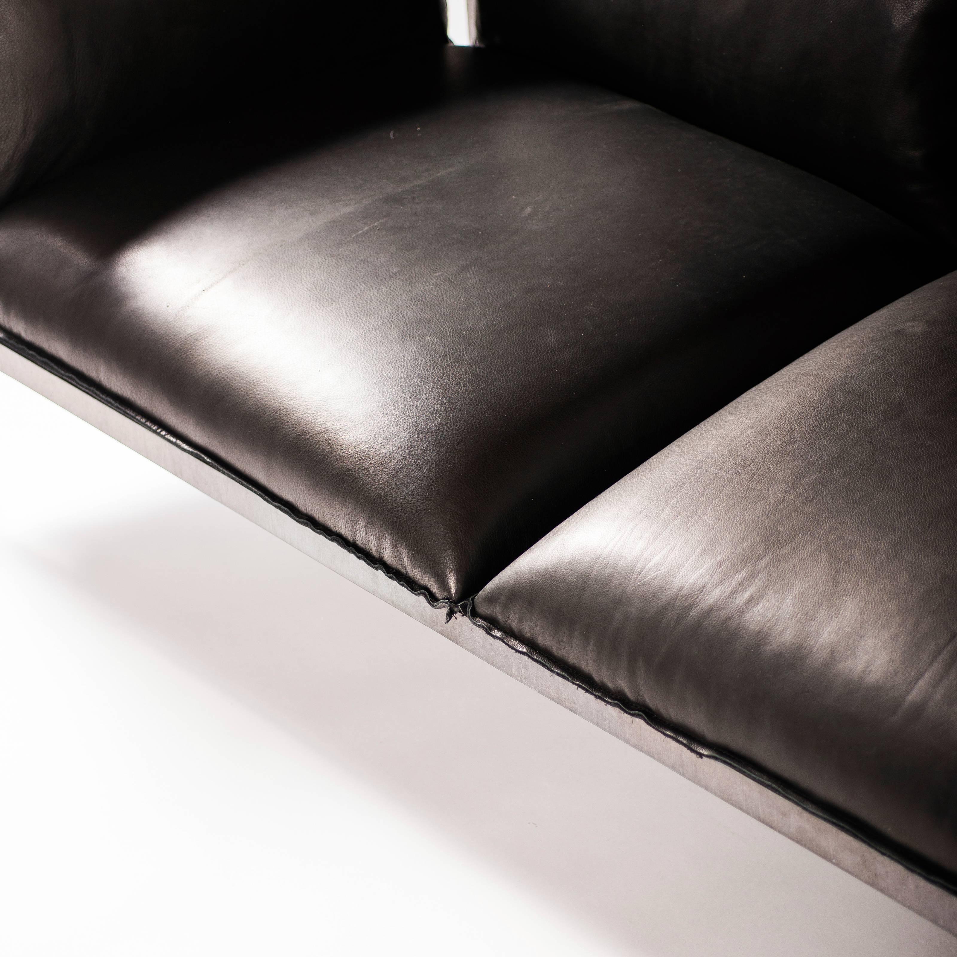 American Double-Seat Sofa in Milled Black Leather and Oiled Laser-Cut Steel For Sale