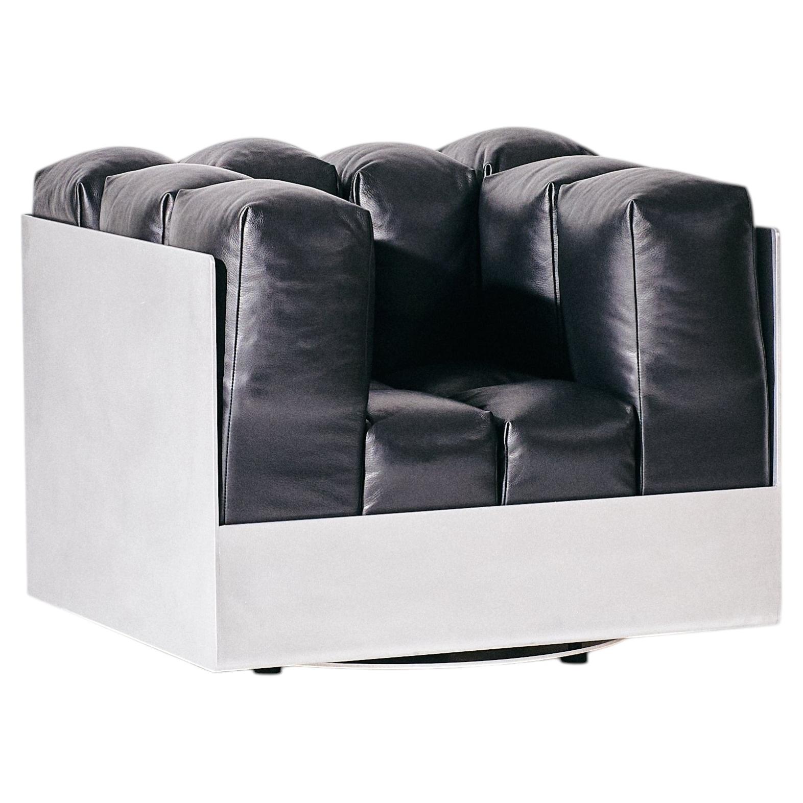 Marshmallow Lounge by KLEIN, Swivel Chair in Black Leather with Aluminum Frame For Sale