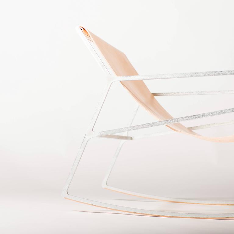 Modern Rocking Chair in Galvanized Laser-Cut Steel Frame and Veg Tan Leather Sling For Sale