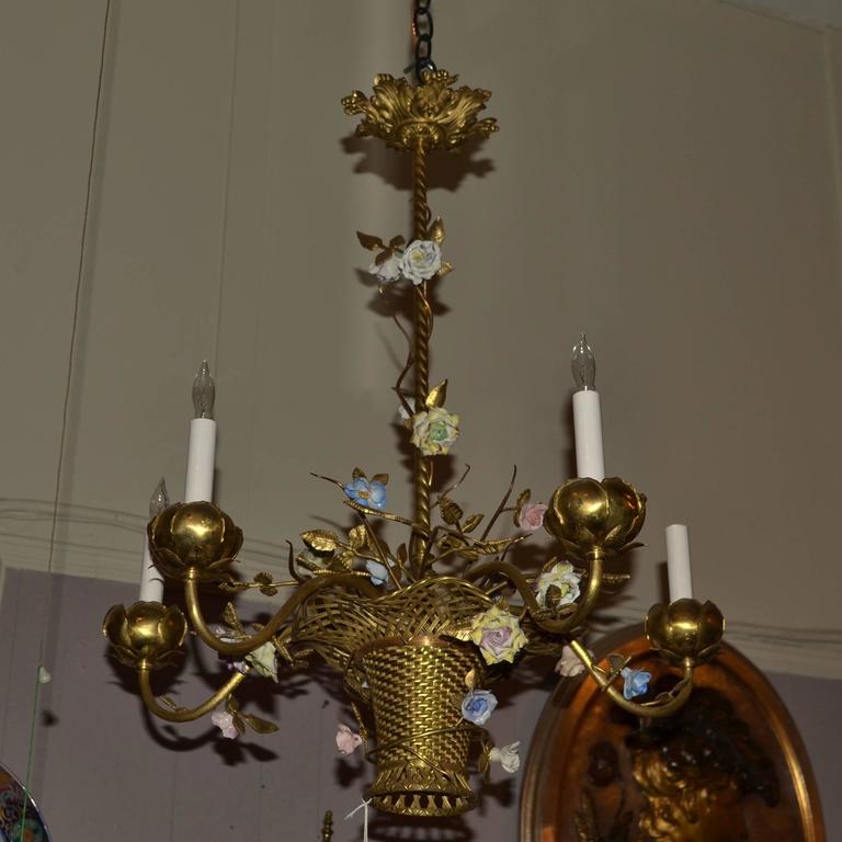 Antique Gold Bronze Light Fixture with Saxe Porcelain Flowers For Sale