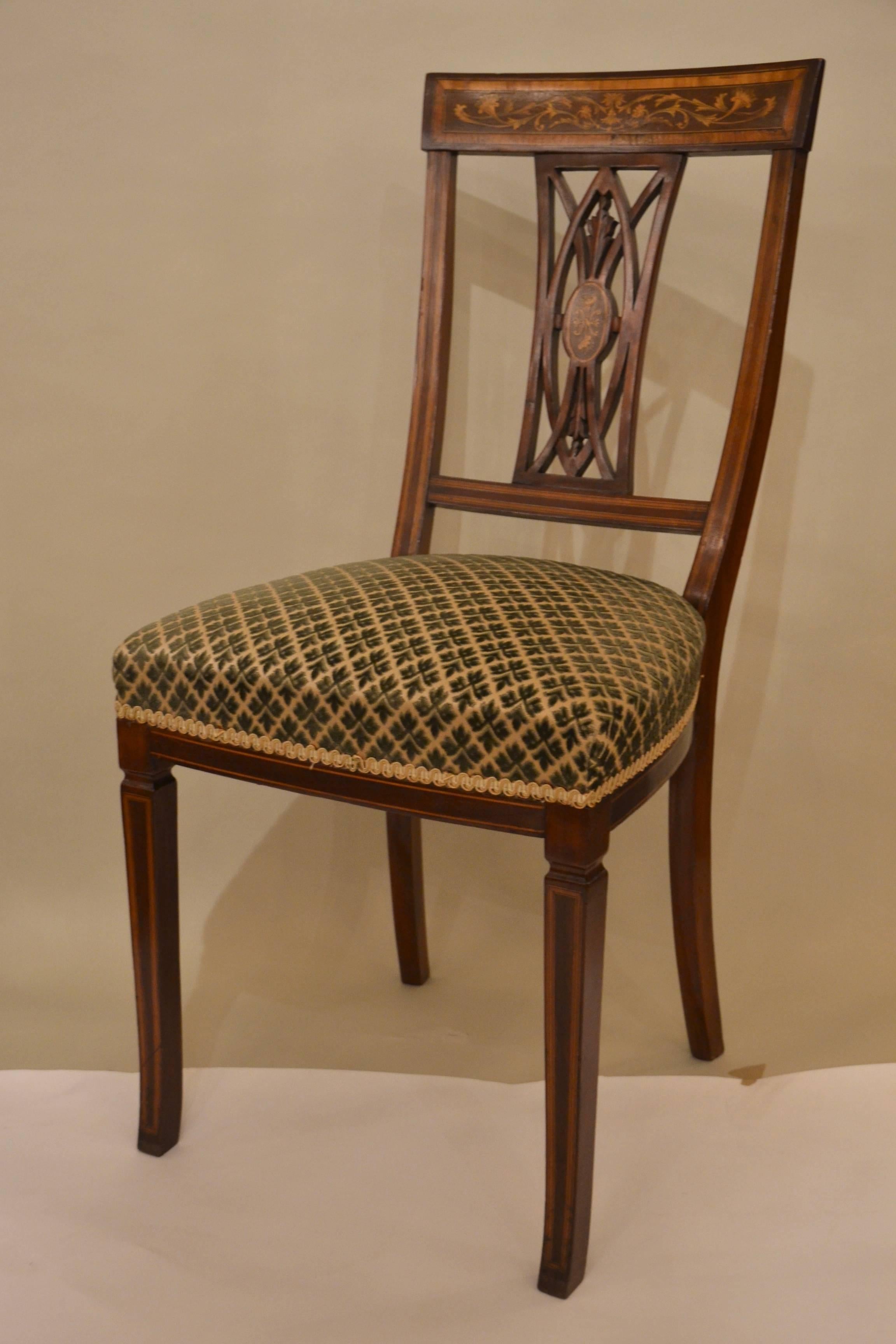 Four antique English inlaid side chairs, circa 1880-1890. Chairs may be sold separately.