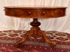 Antique English Burled Walnut and Leather Top Drum Table, Circa 1870.